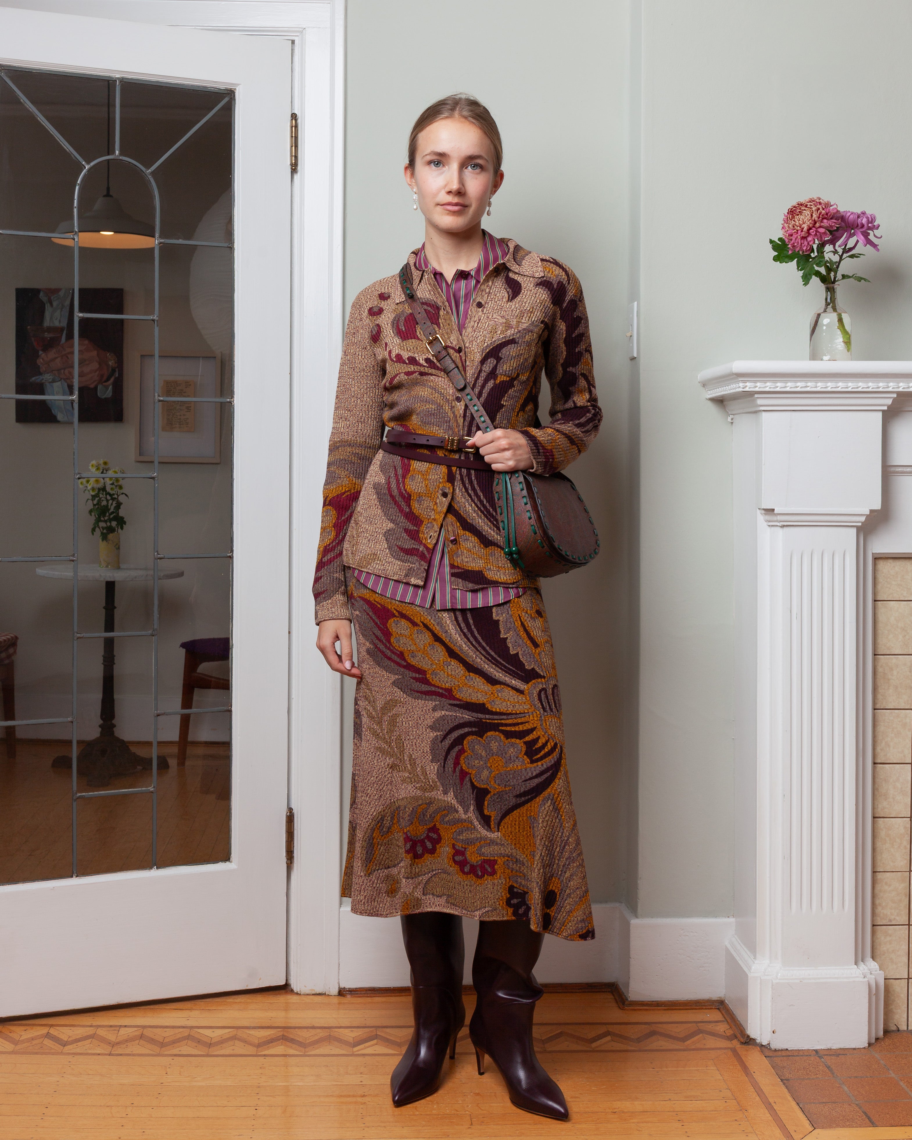 Ribbed Wool Midi Trumpet Knit Skirt - Brown/Multi