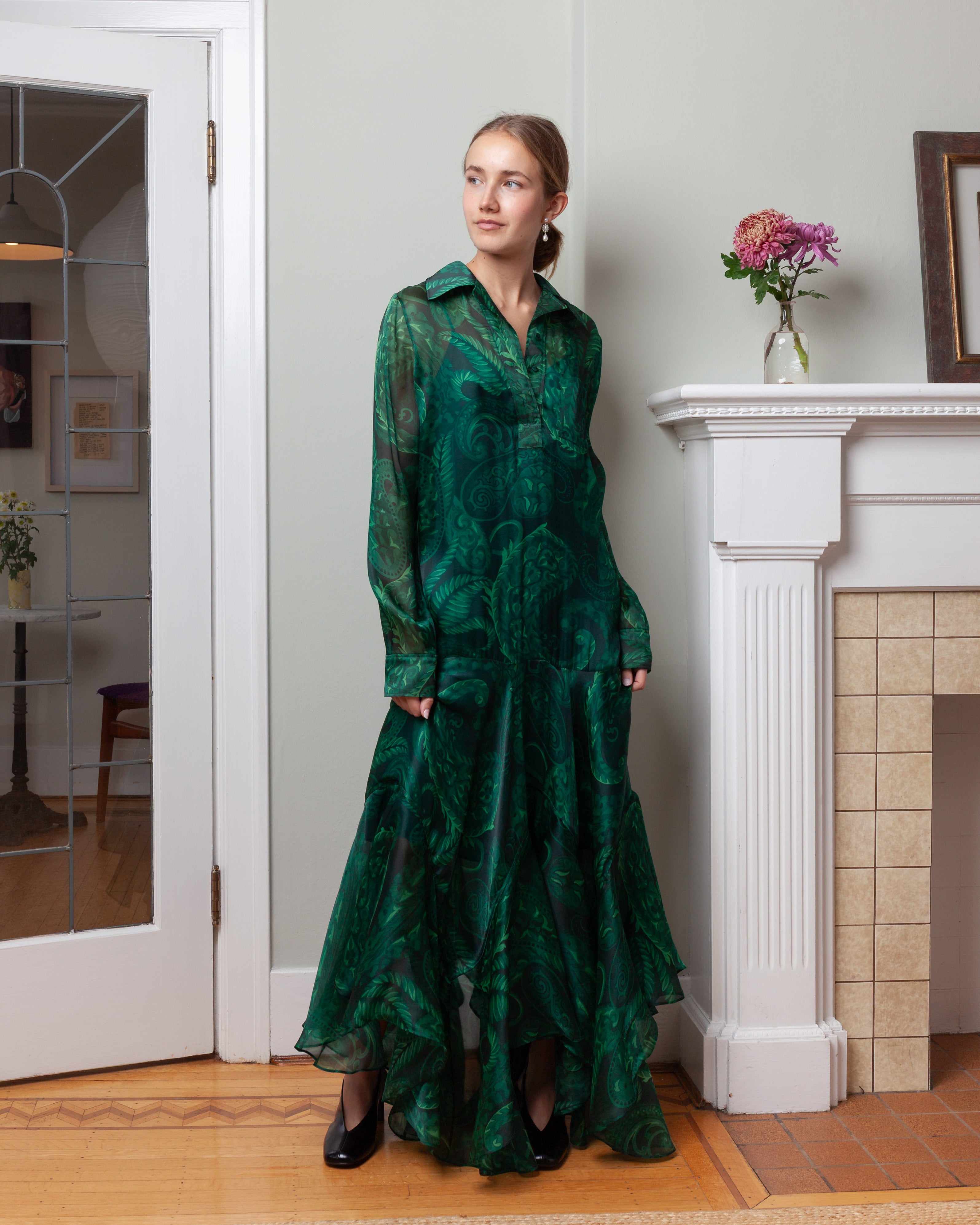 Maxi Shirt Dress w/Flounces - Dark Green