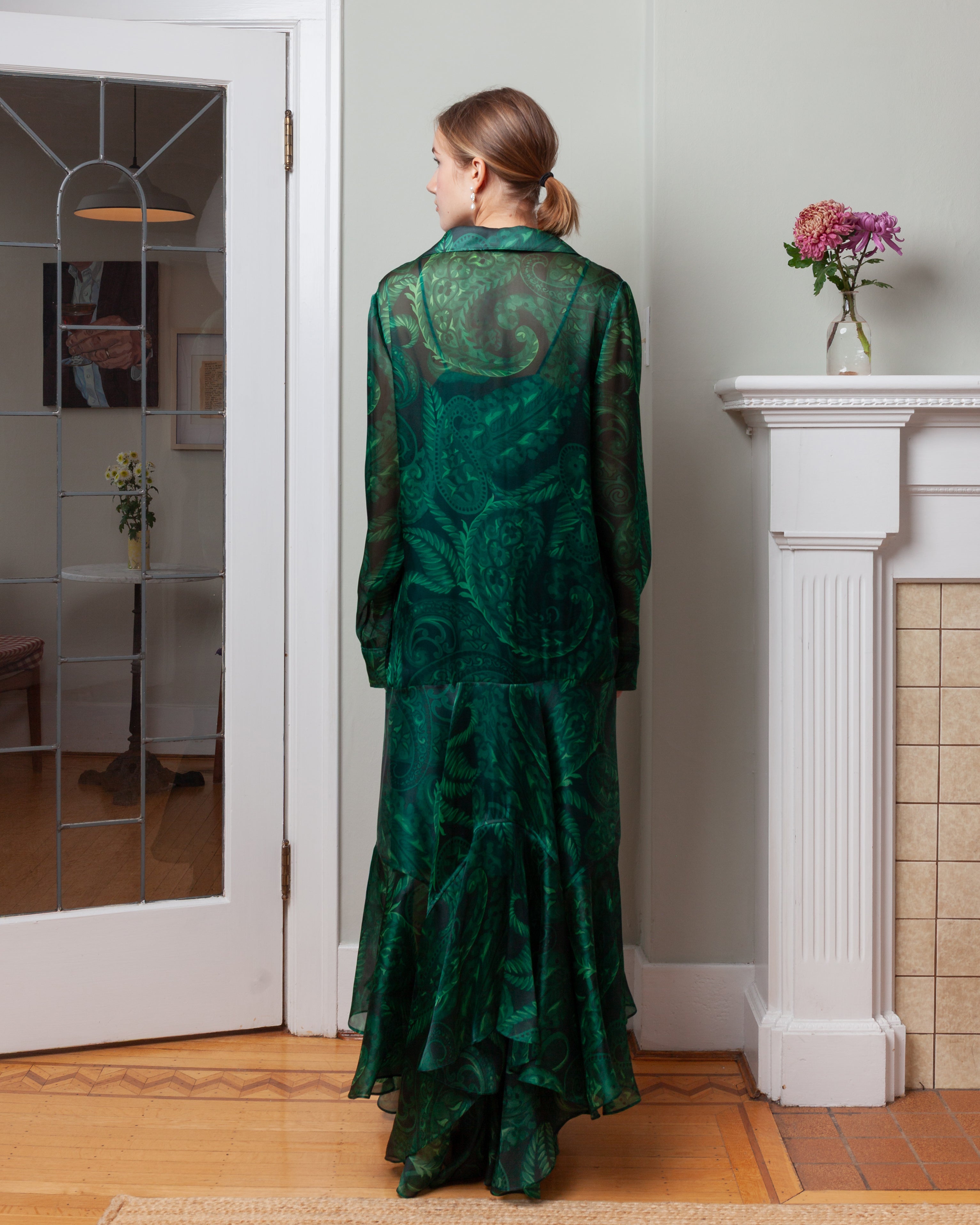 Maxi Shirt Dress w/Flounces - Dark Green