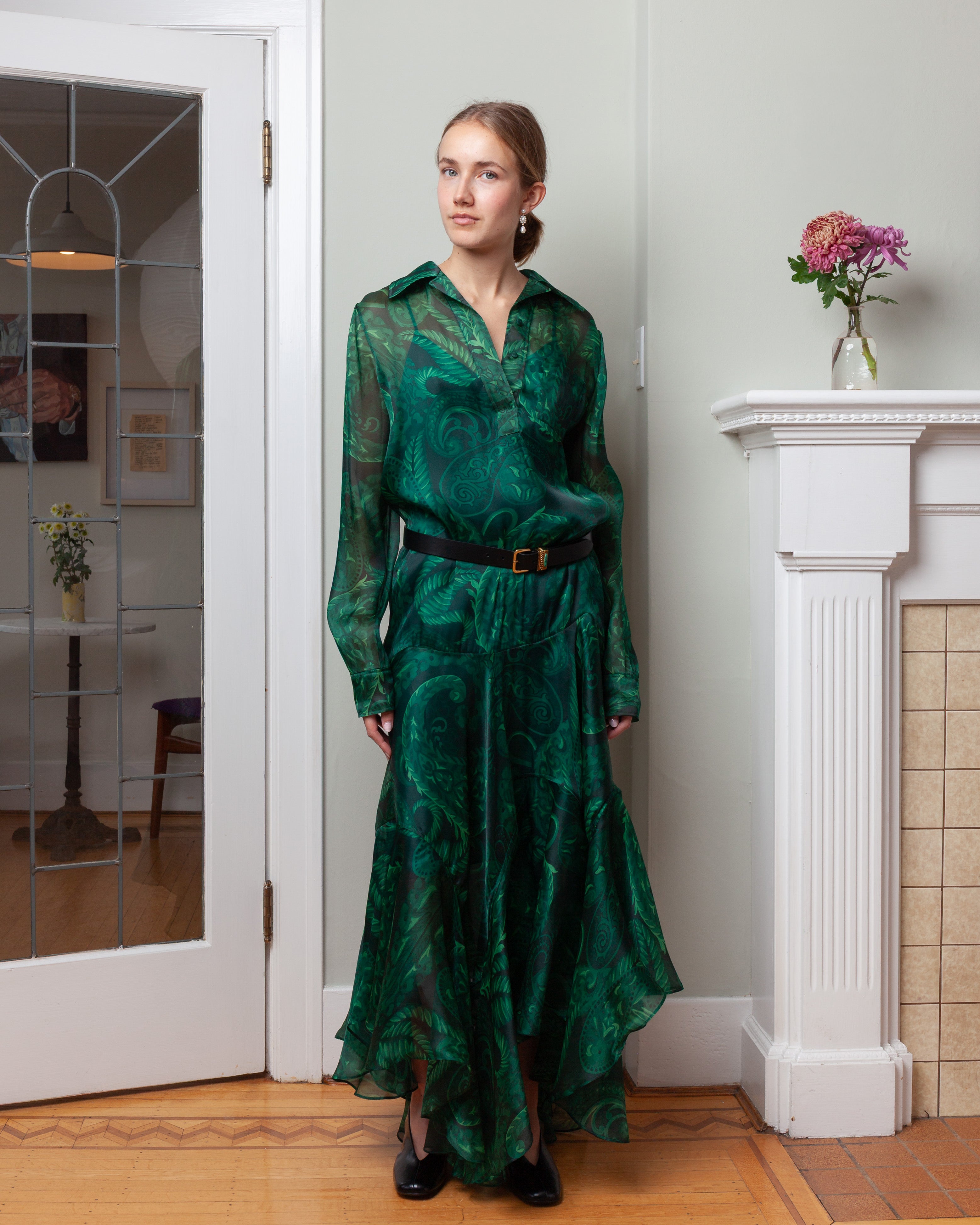 Maxi Shirt Dress w/Flounces - Dark Green