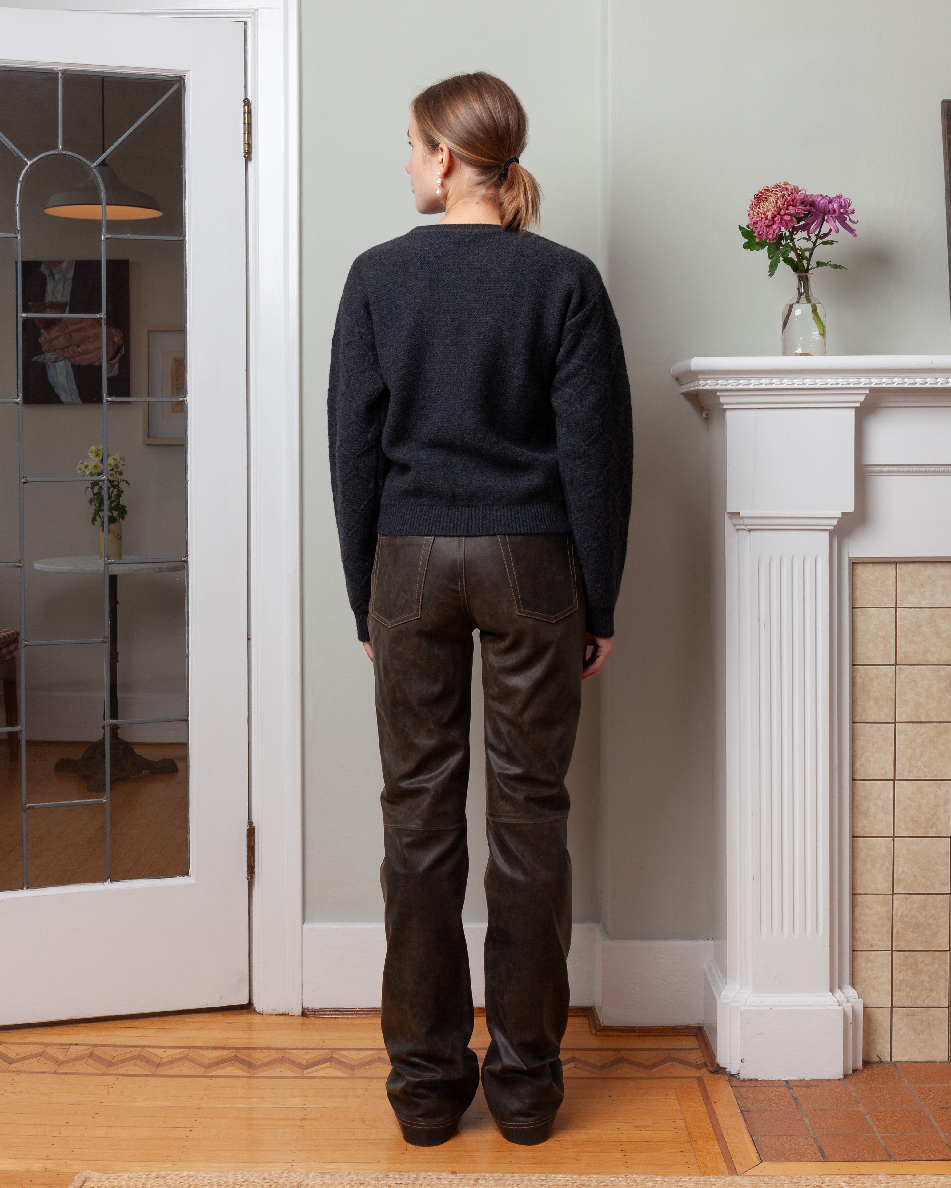 Wool Cropped Crewneck Sweater w/Embroidery - Dark Grey/Multi