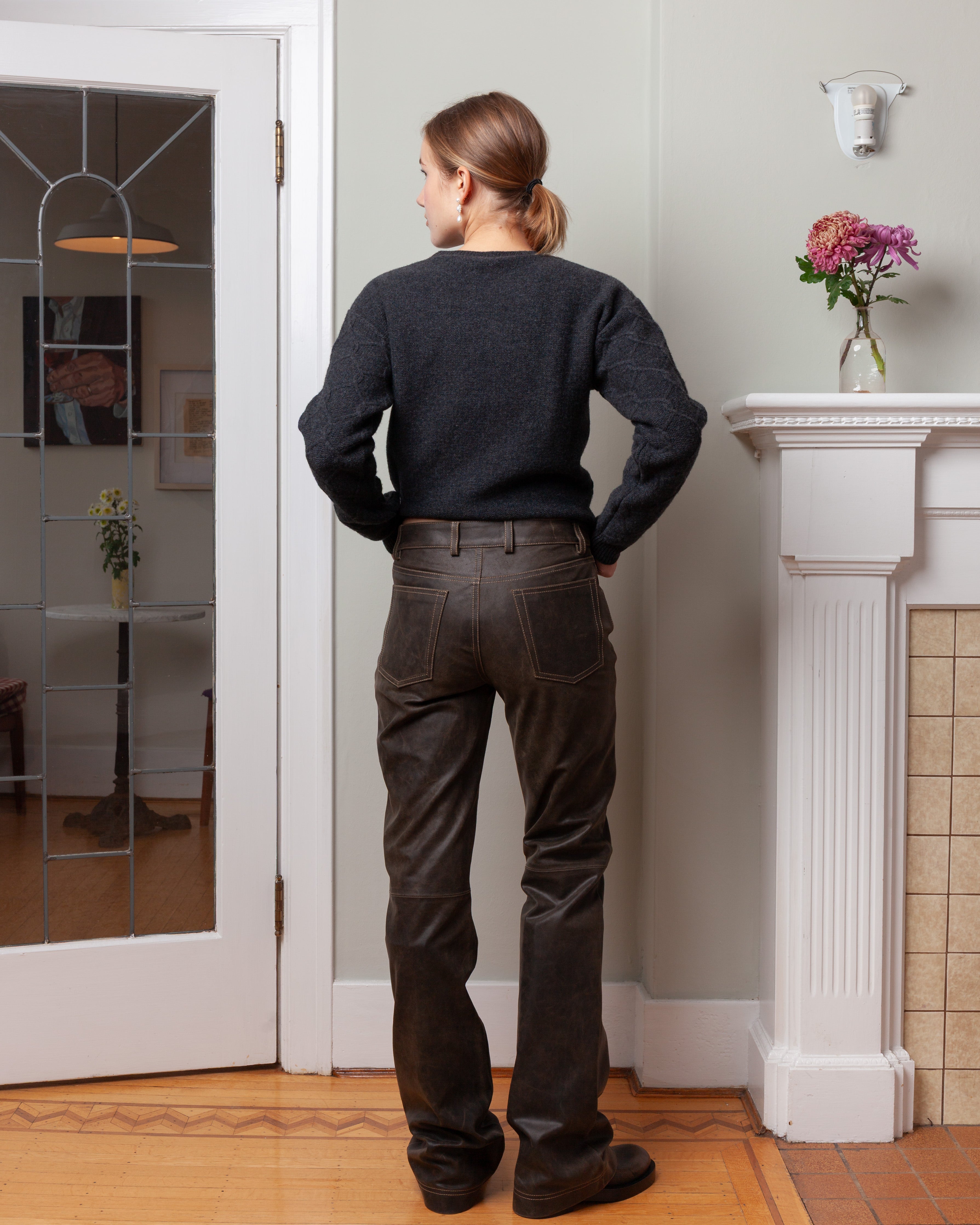 Flared Leather Trousers - Brown