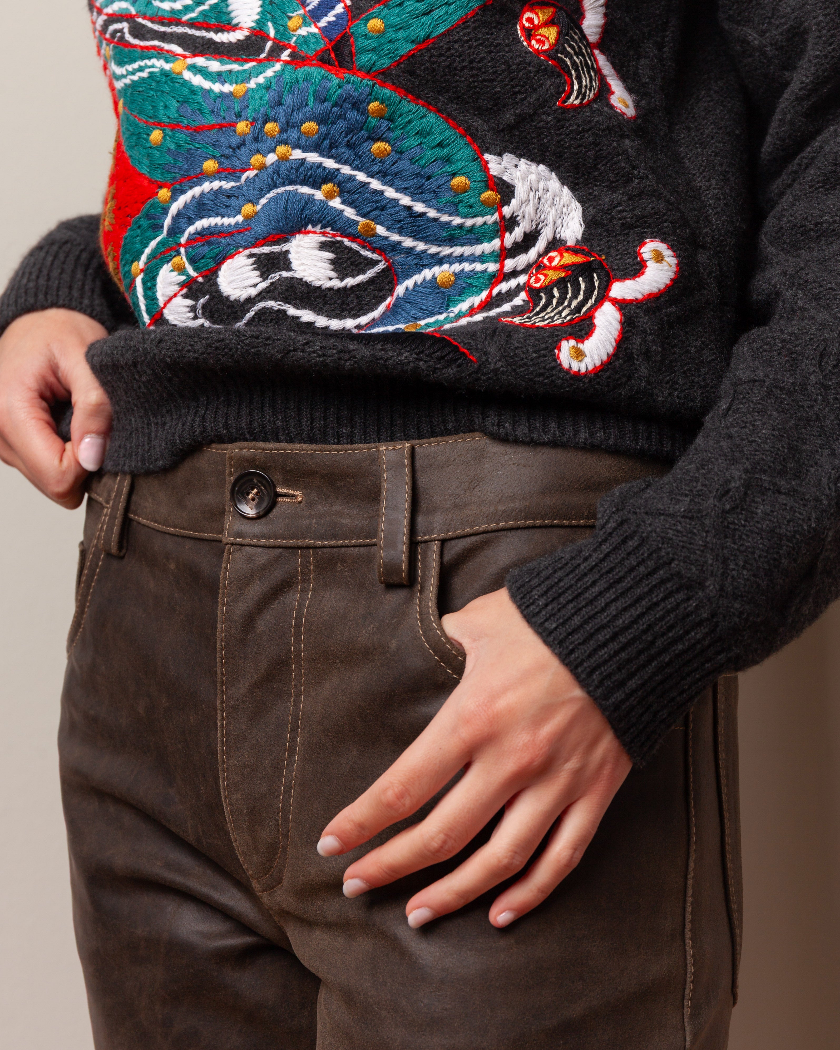 Flared Leather Trousers - Brown