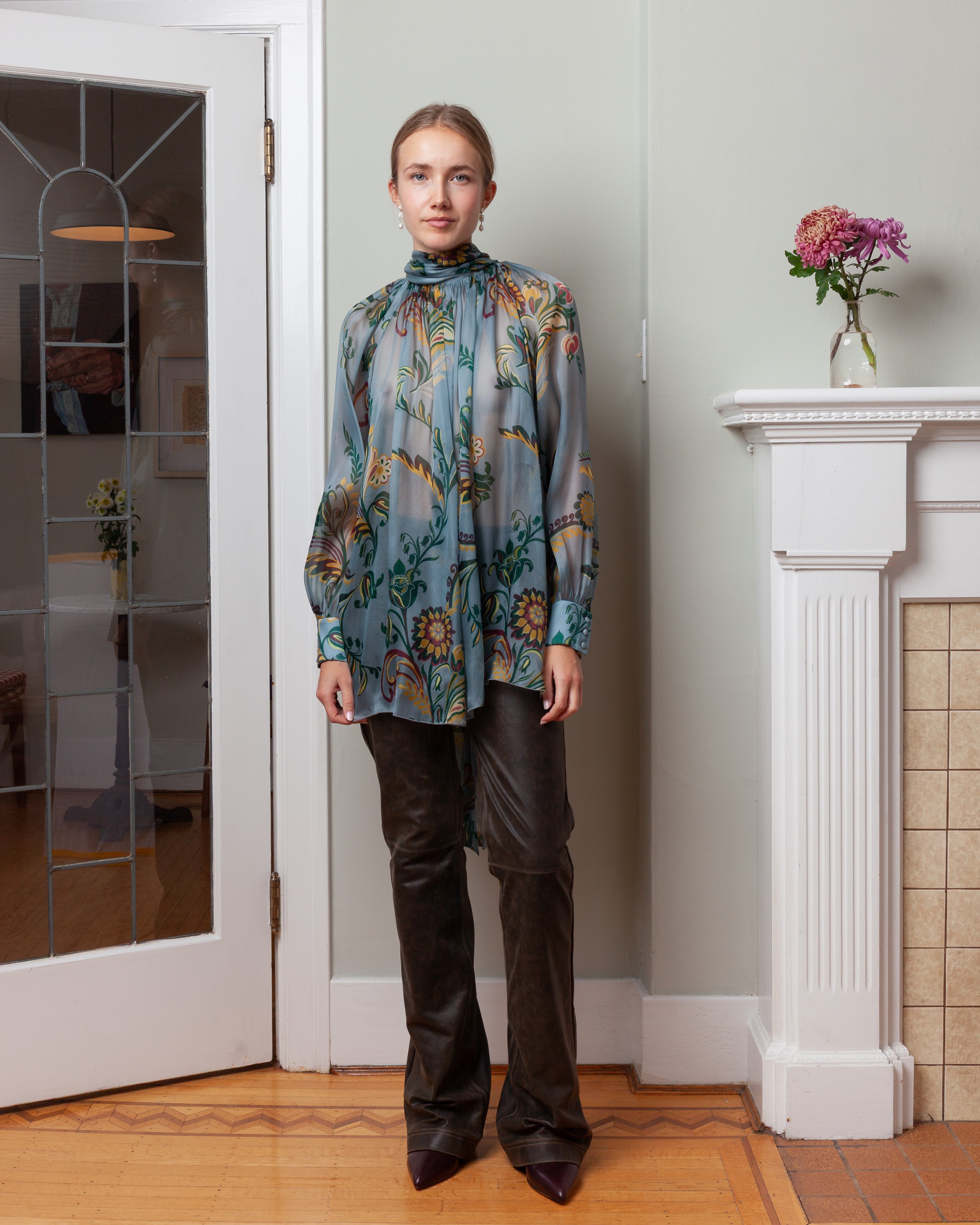 Ruched Top w/Scarf - Blue