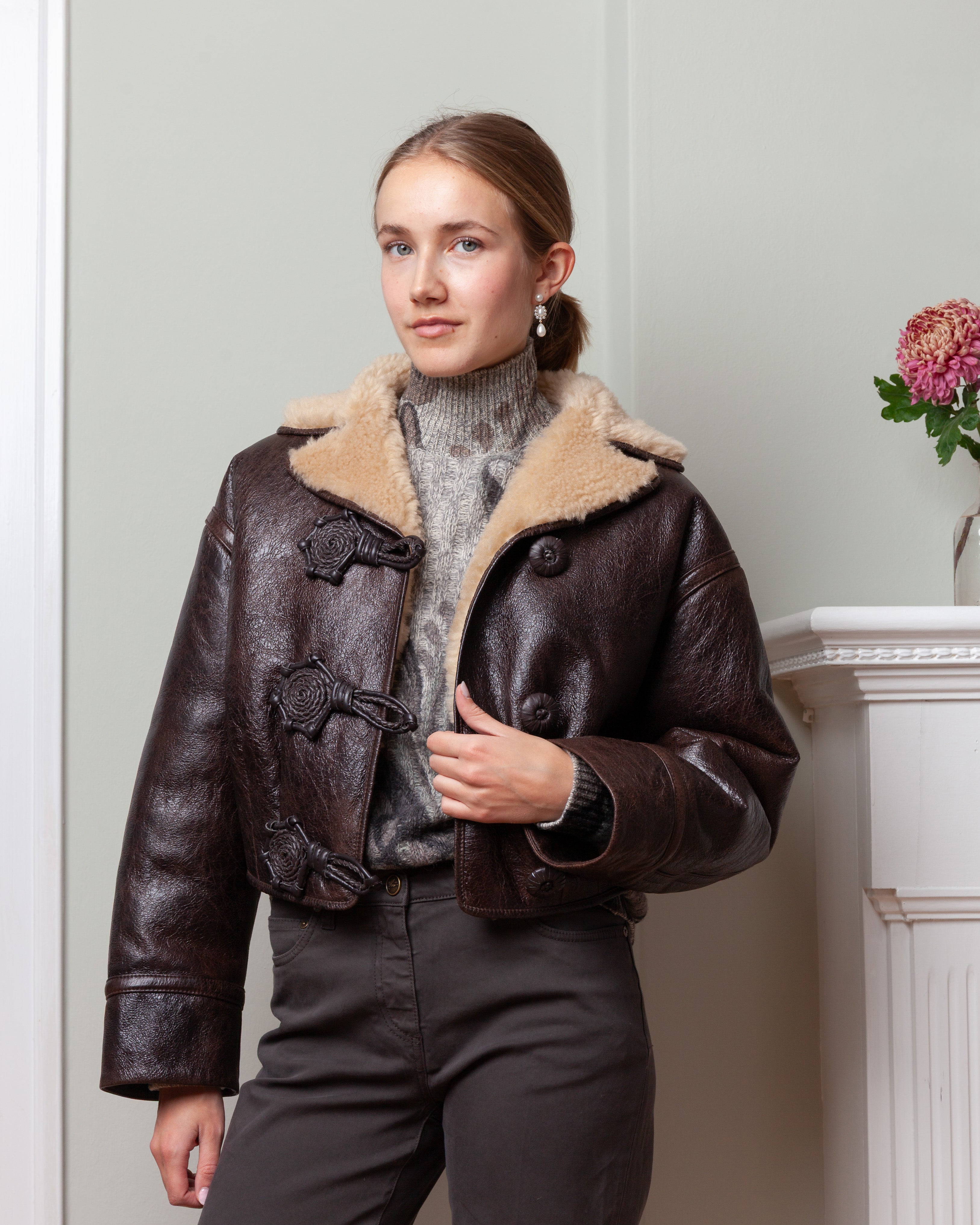 Crop Leather Shearling Jacket - Brown