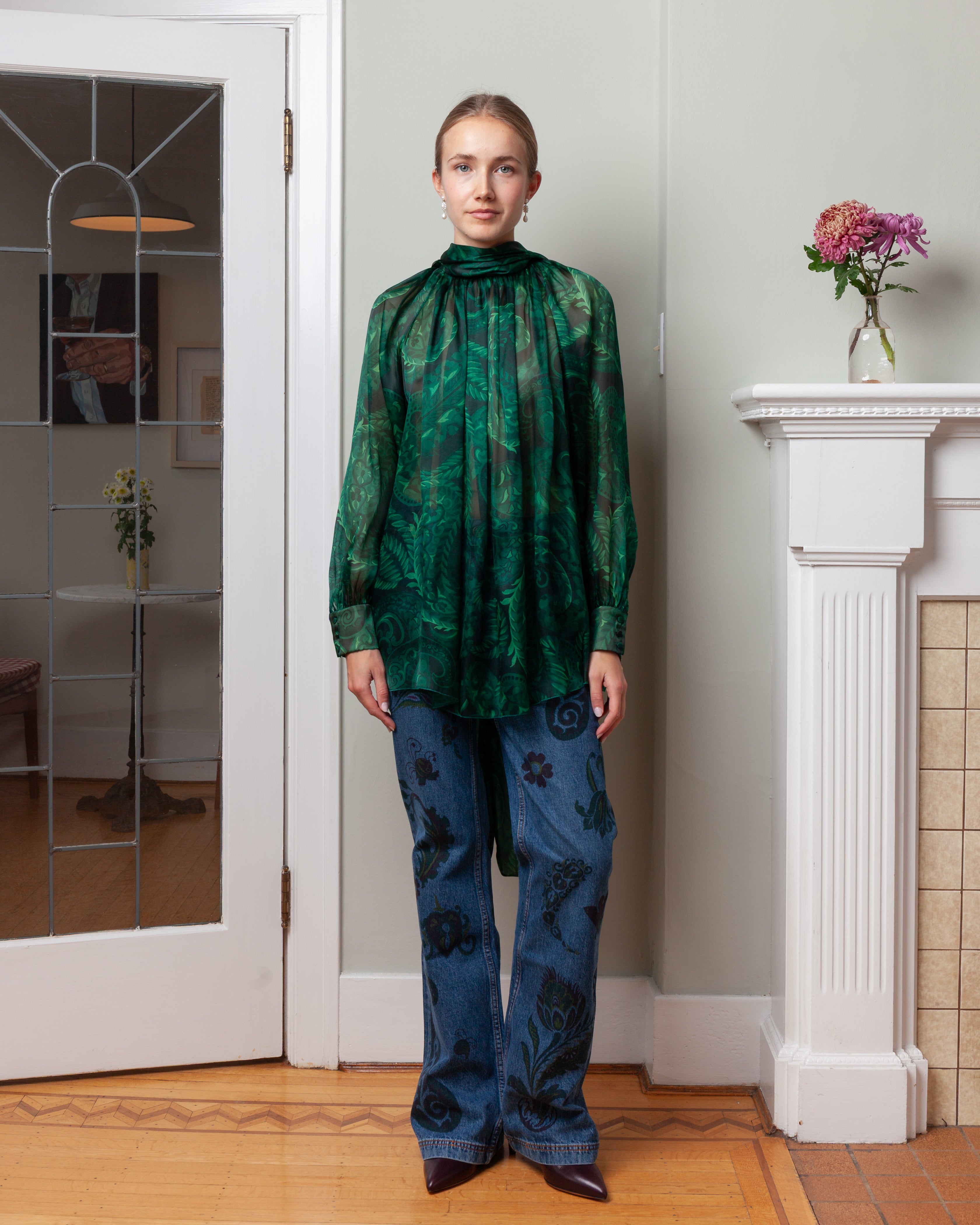 Ruched Top w/Scarf - Dark Green