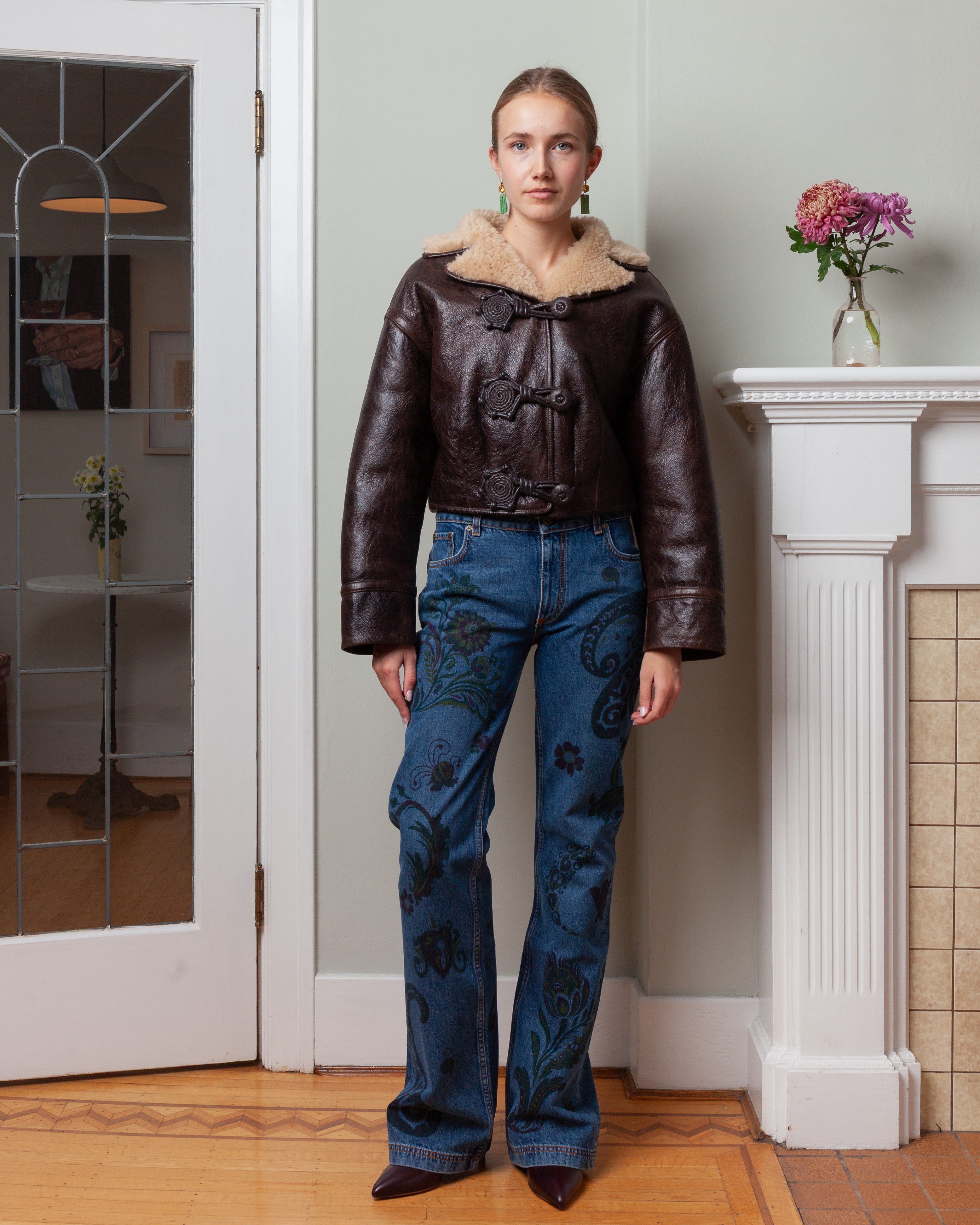 Crop Leather Shearling Jacket - Brown