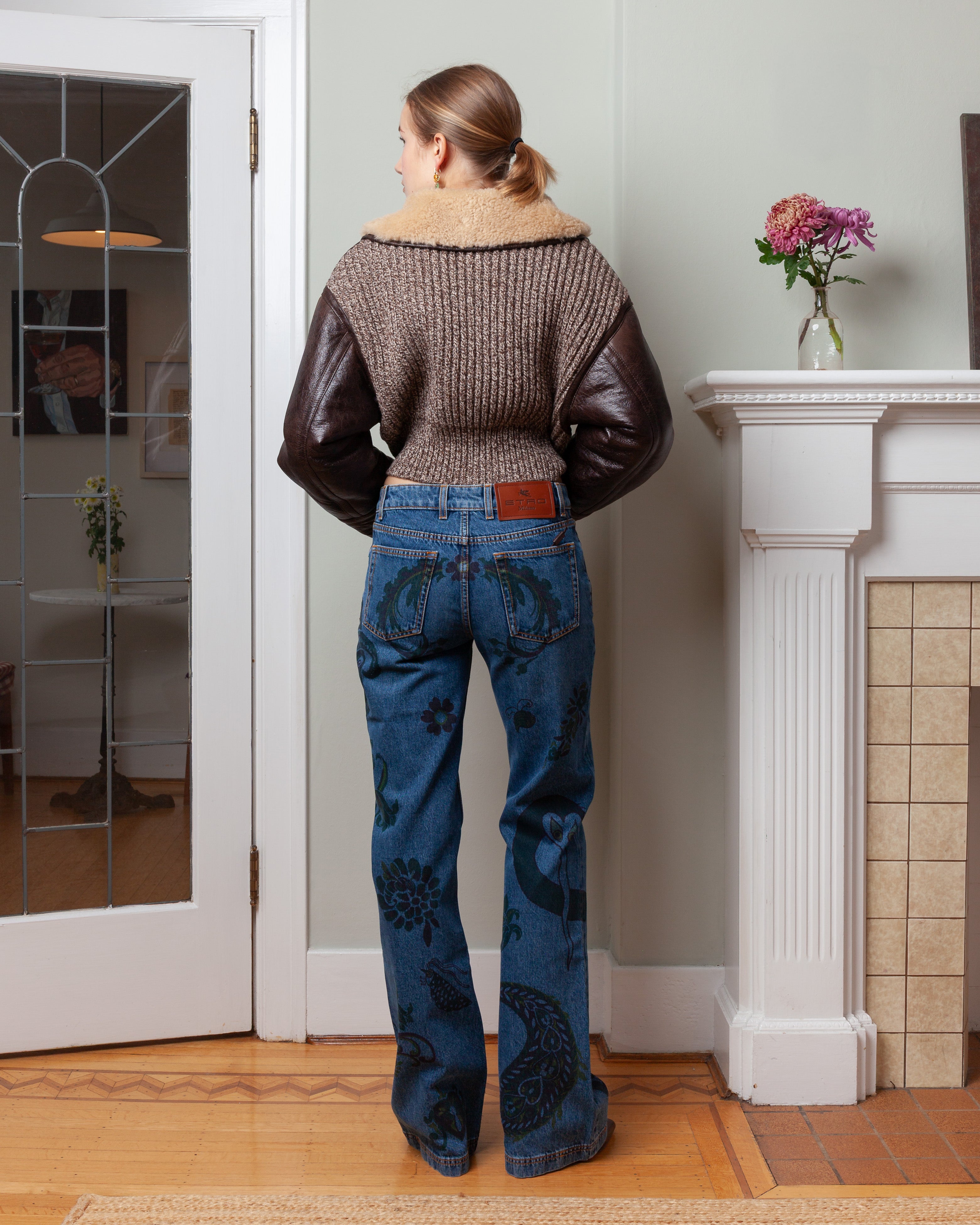 Flared Jeans w/Flower and Bee Print - Blue