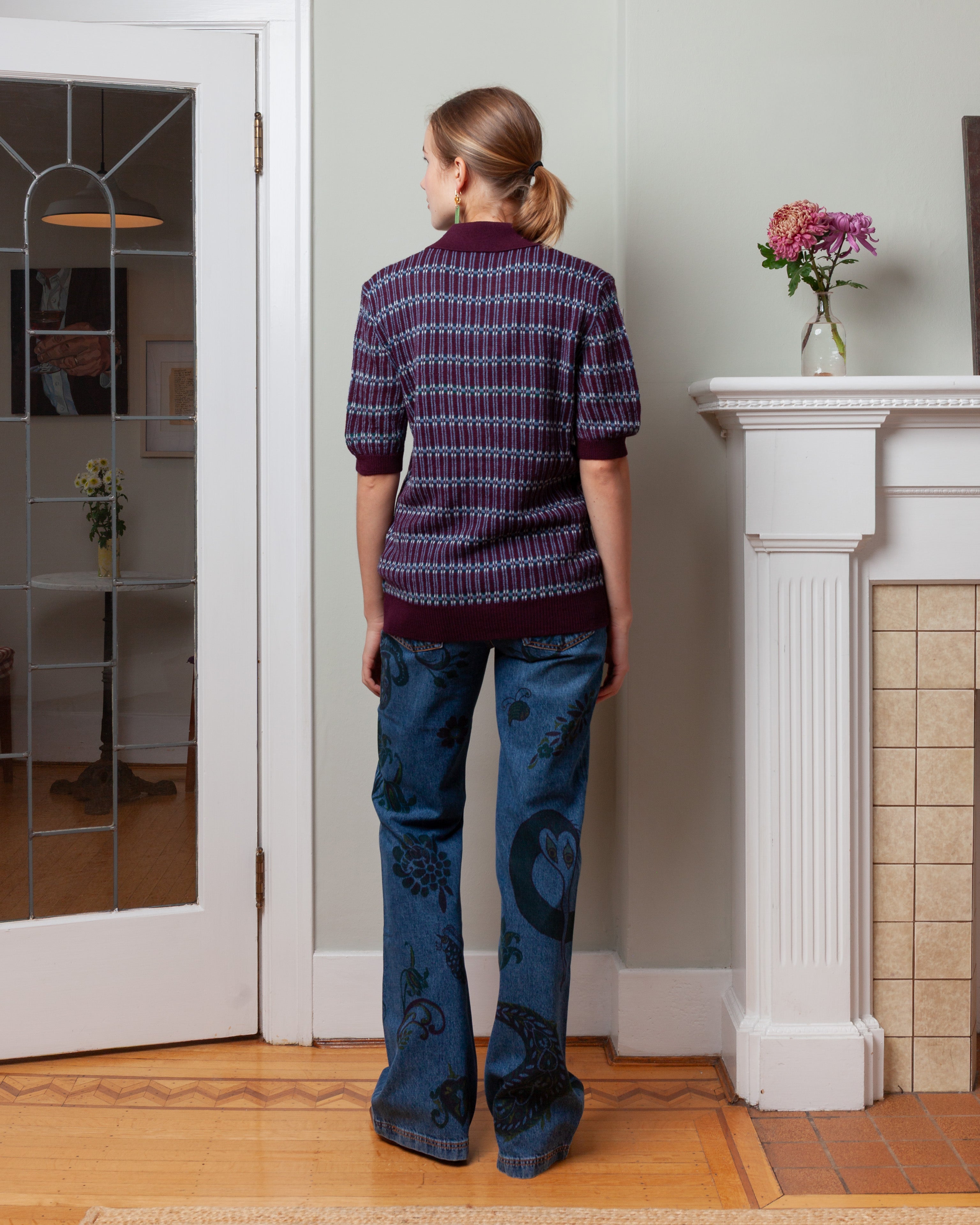 Wool Blend Jaquard Polo Shirt - Burgundy