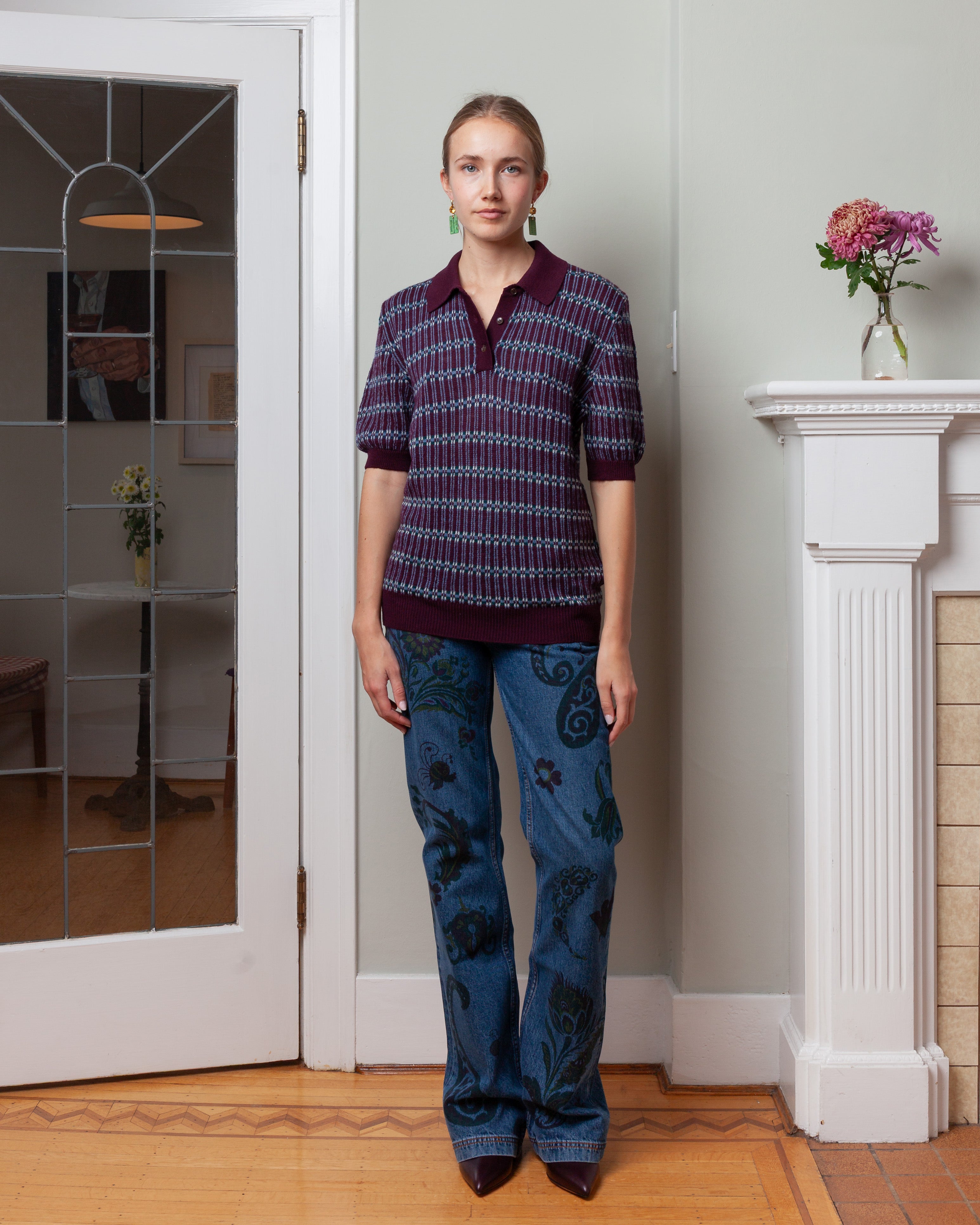 Flared Jeans w/Flower and Bee Print - Blue