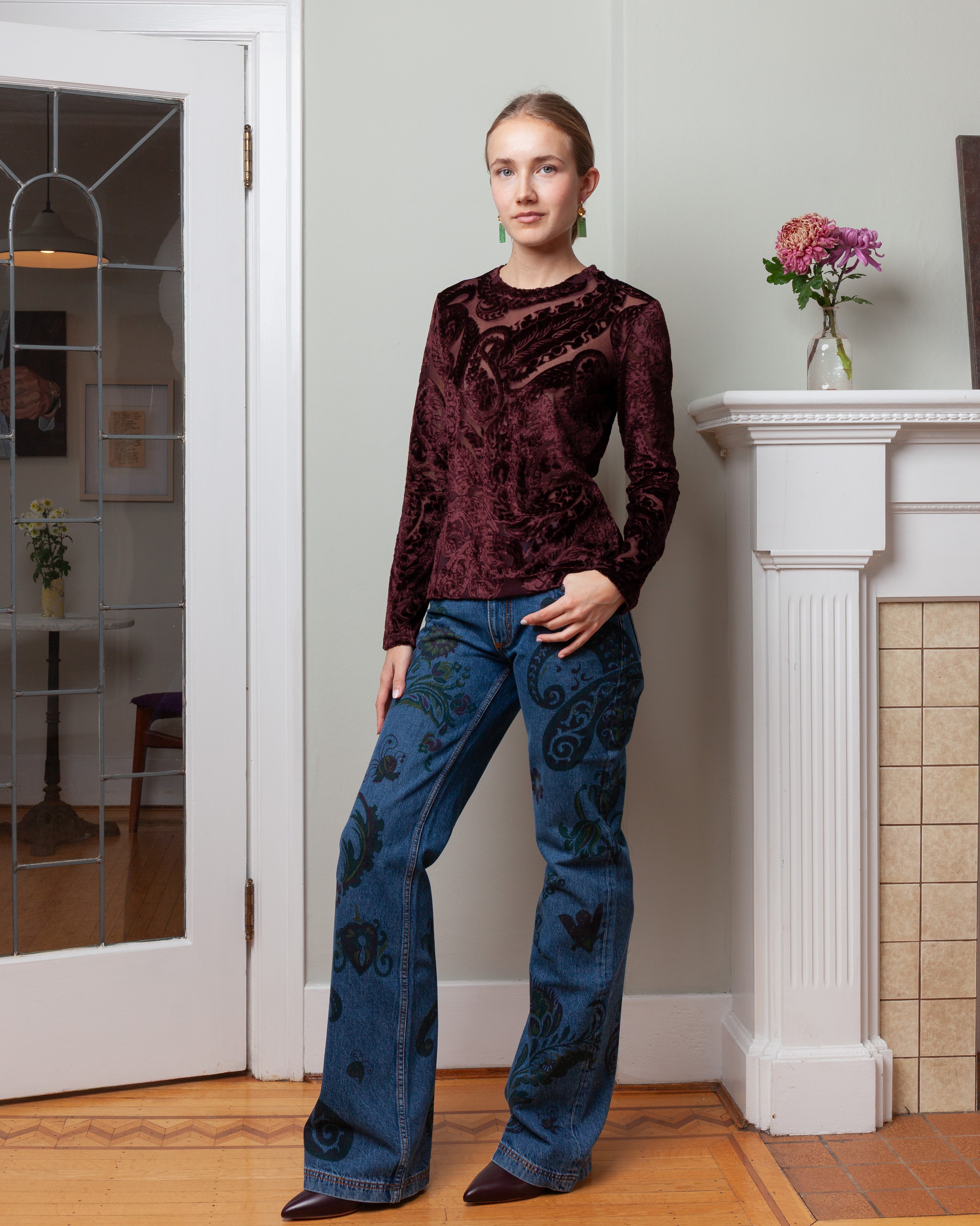 Flared Jeans w/Flower and Bee Print - Blue