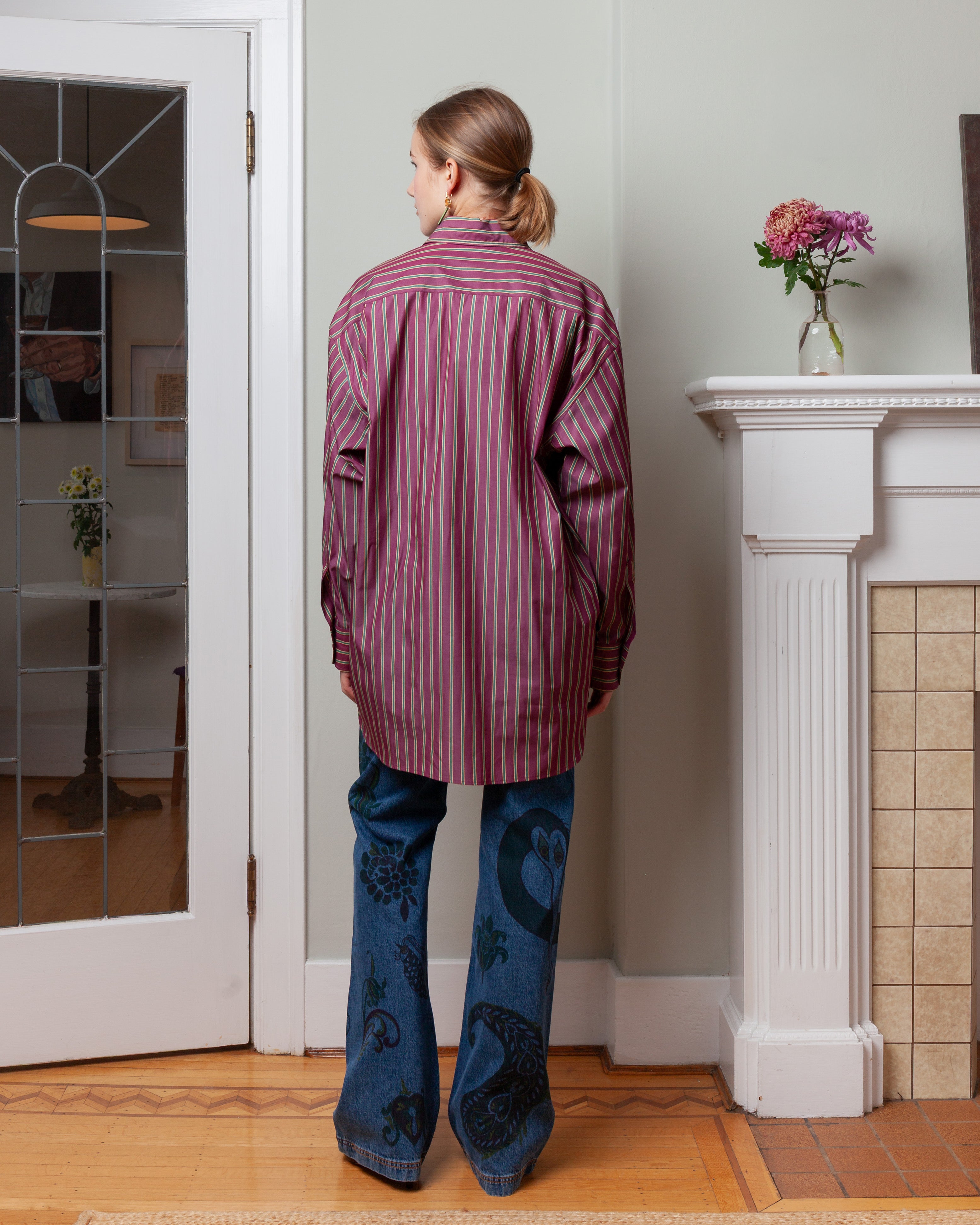 Loose Fit Shirt w/Pockets - Burgundy/Green Stripe