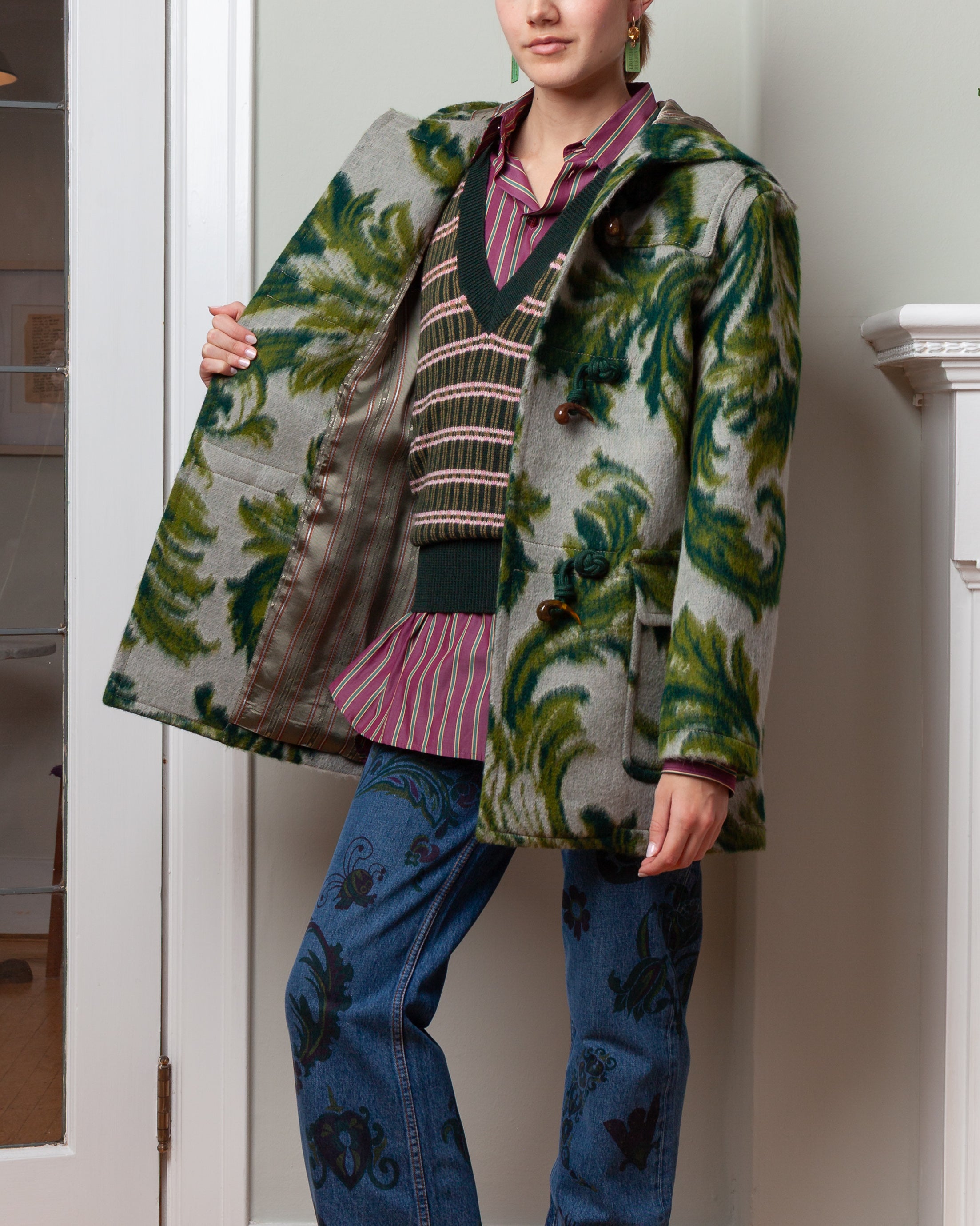 Loose Fit Shirt w/Pockets - Burgundy/Green Stripe