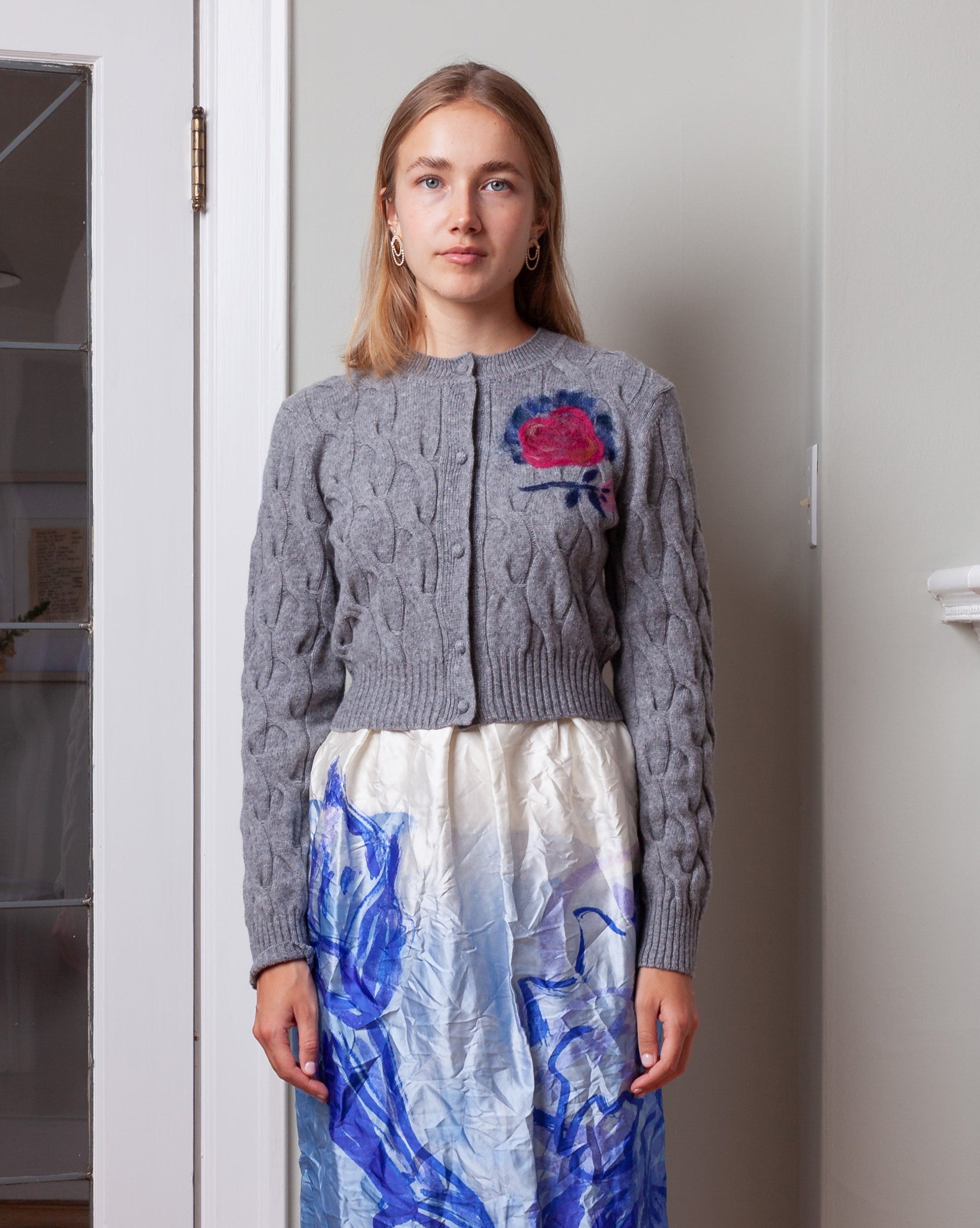 Crew Neck Cardigan - Light Grey Melange