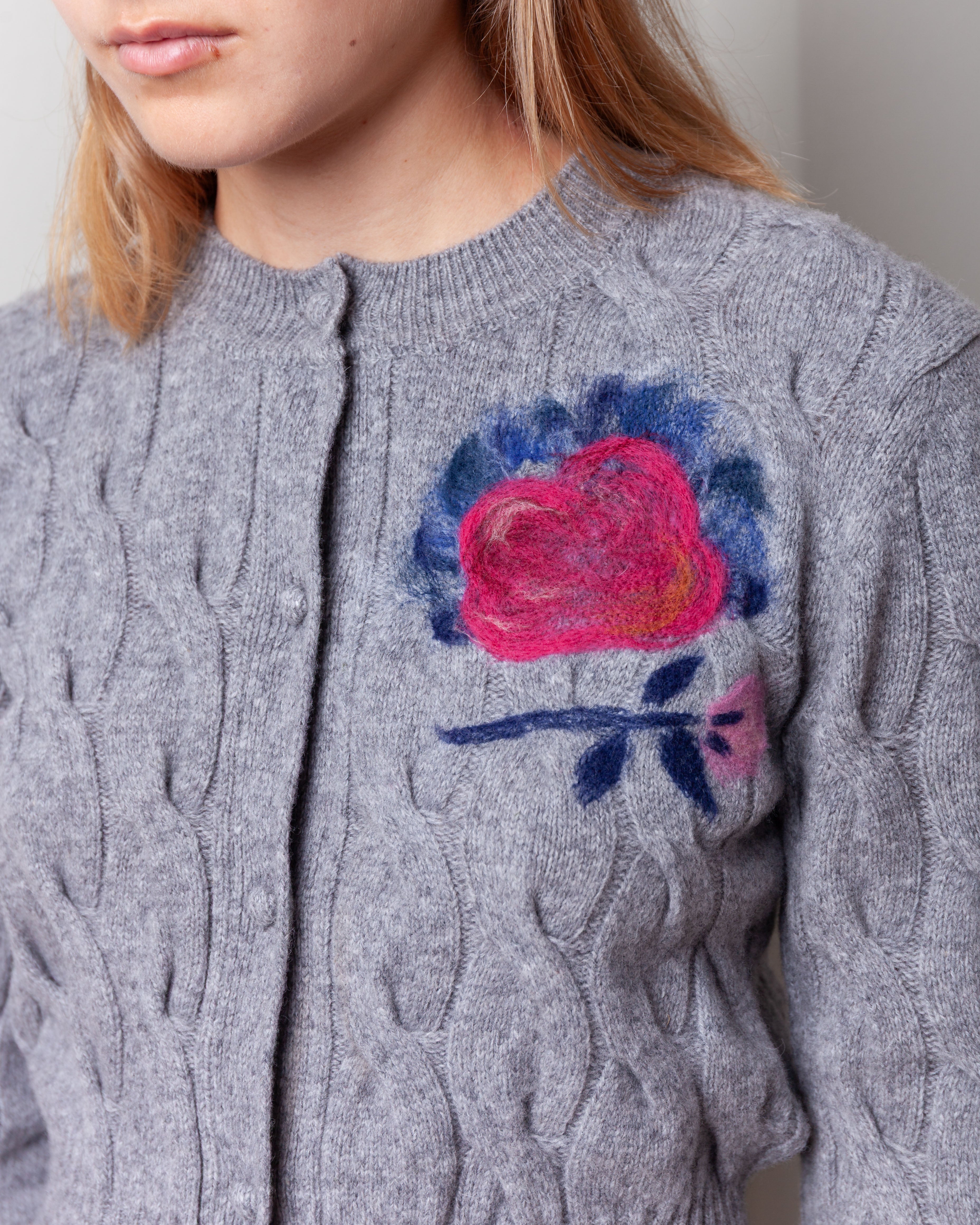 Crew Neck Cardigan - Light Grey Melange