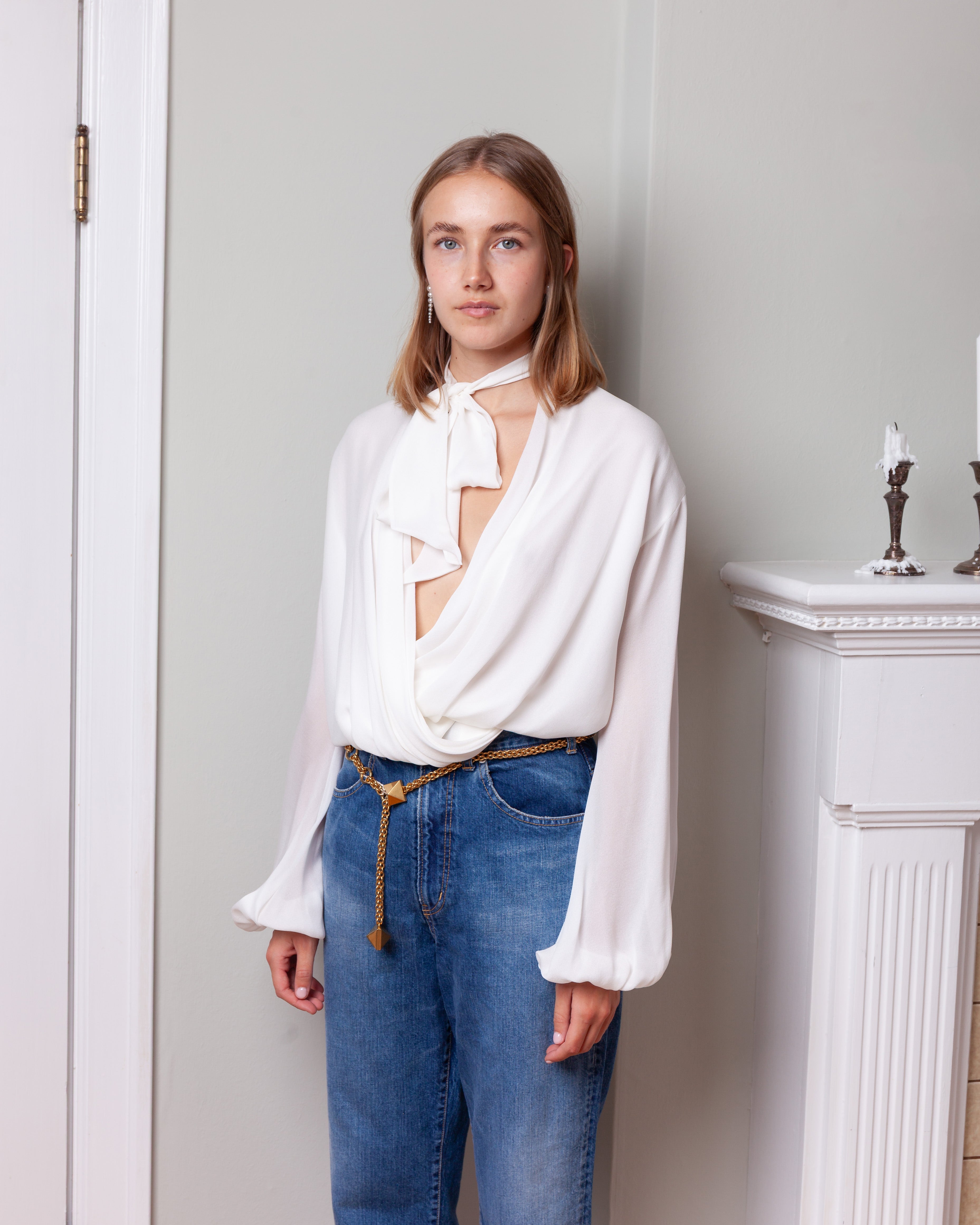 Giambattista Valli-Oversize Self-Tie Neck Silk Blouse - Ivory-Tops-Boboli-Vancouver-Canada
