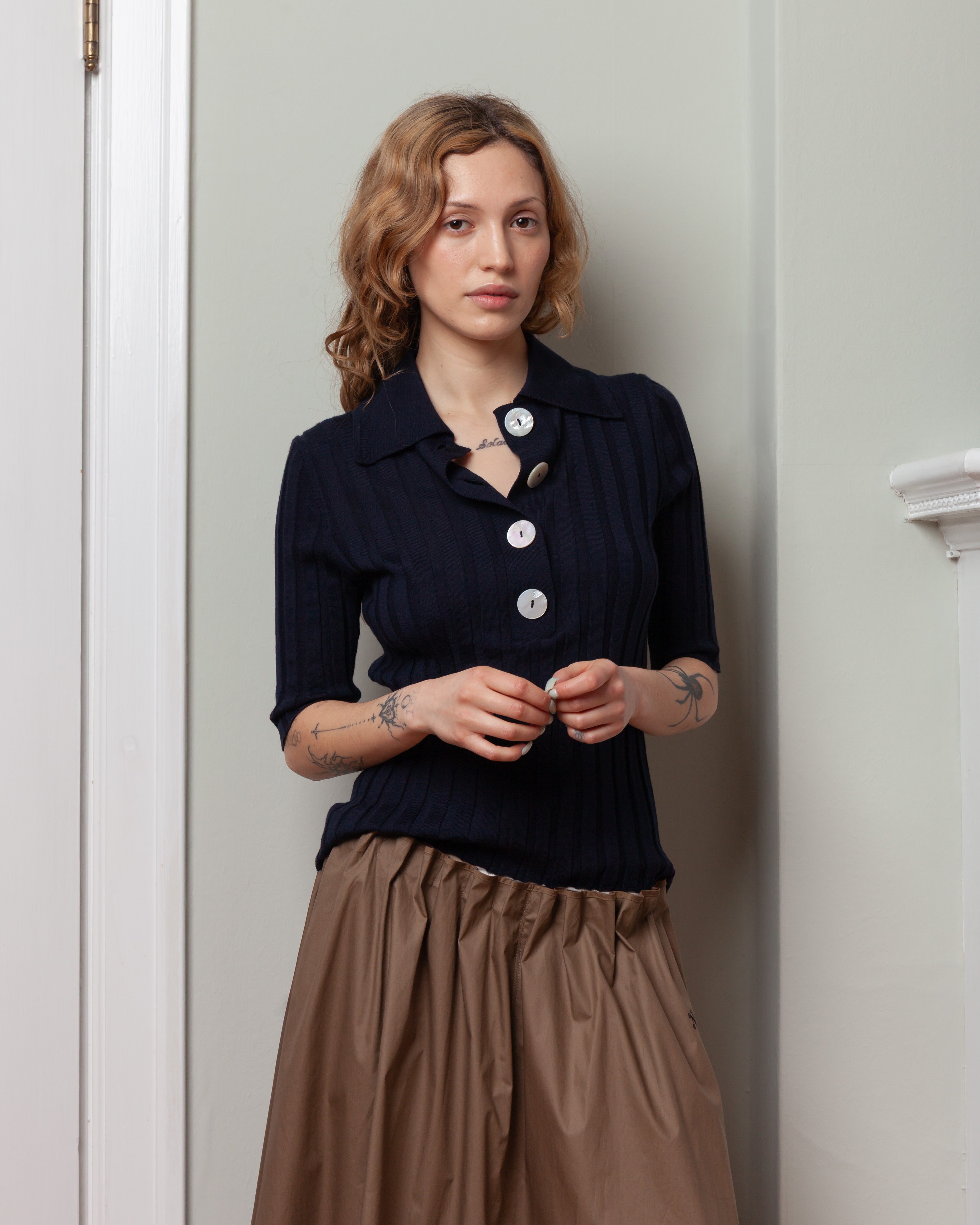 Sugarman S.S. Polo Knit Top - Black/Navy