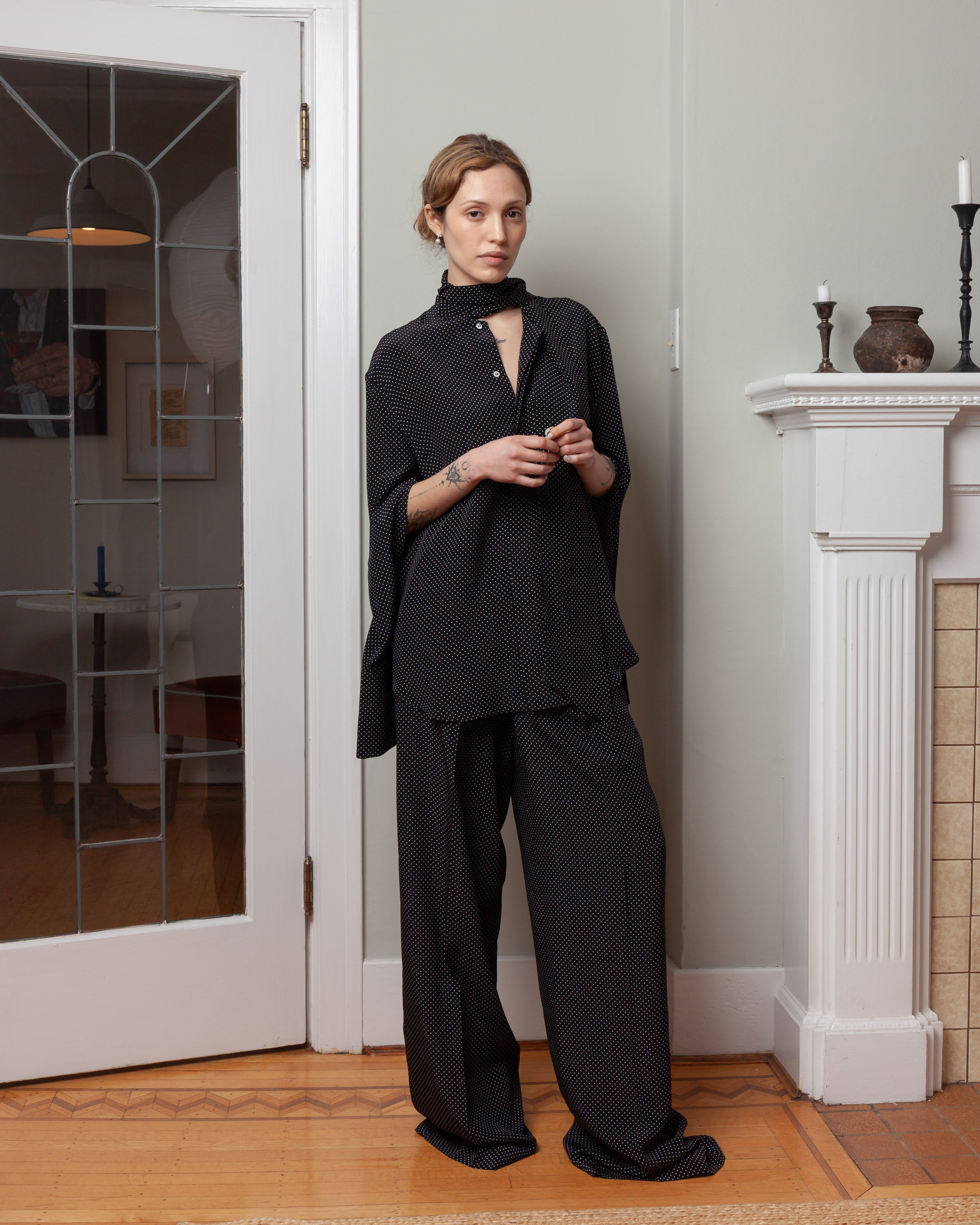 Silk Shirt w/Scarf - Micro Pois