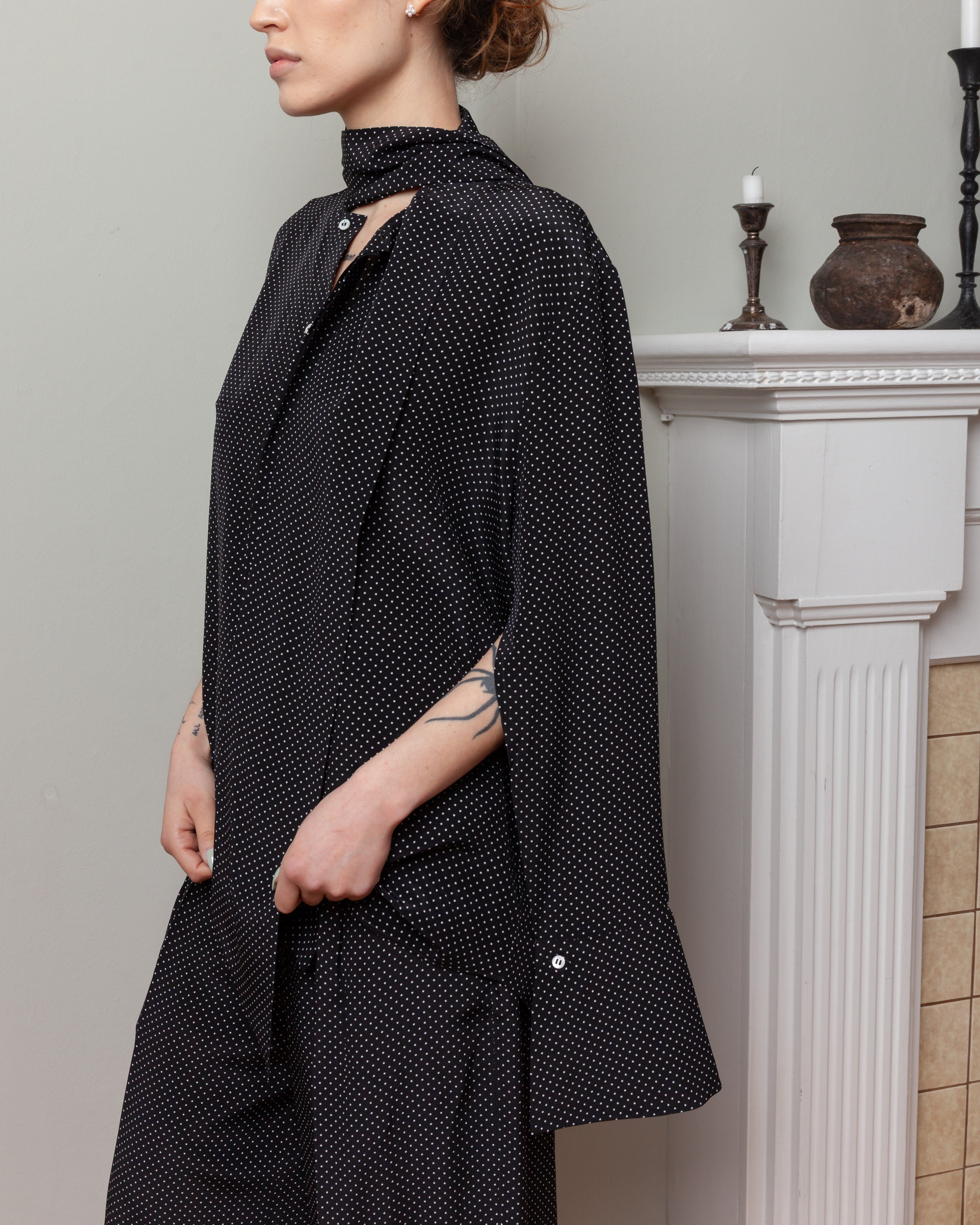 Silk Shirt w/Scarf - Micro Pois