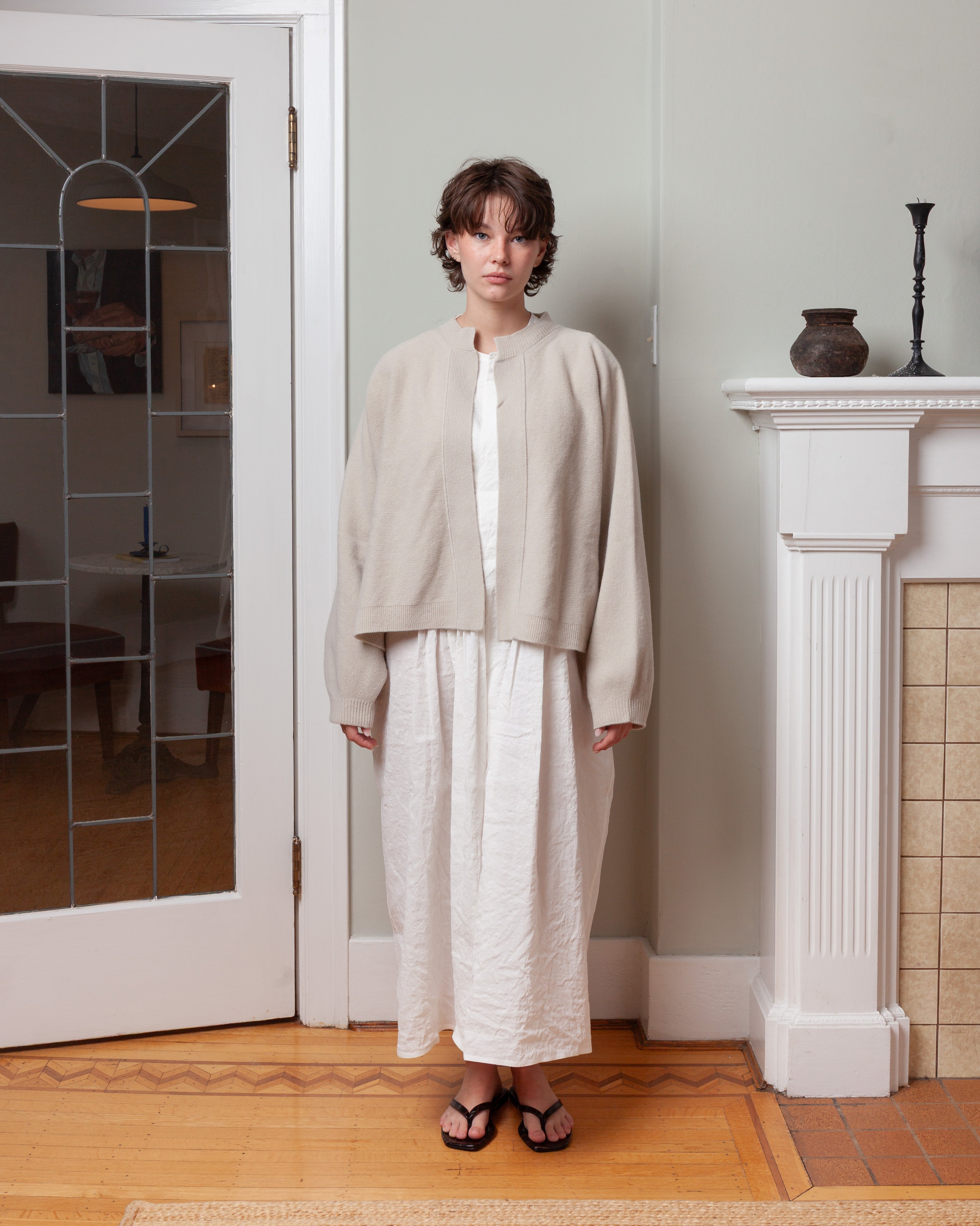 Long Sleeve Dress With Pleated Chest - Off-White