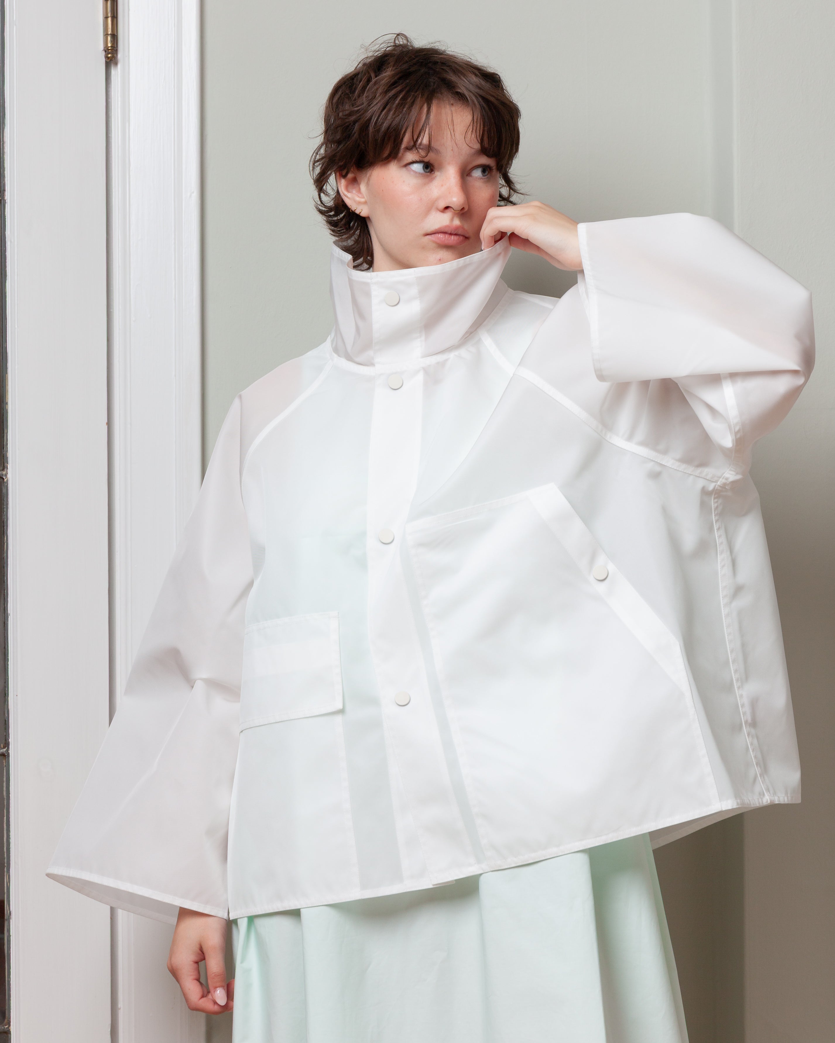 Stand Collar Short Jacket W Patch Pockets - Porcelain