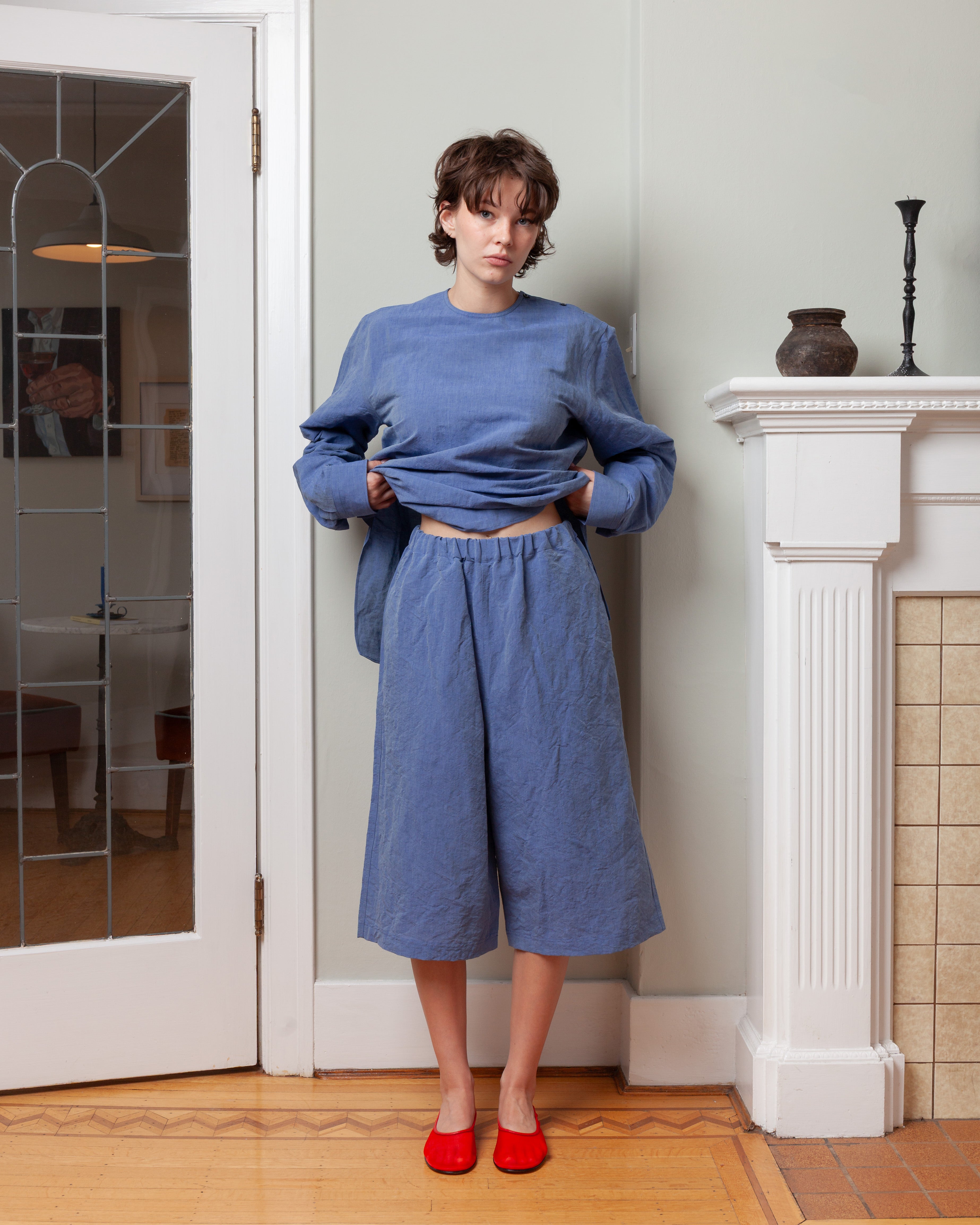 Elastic Waist Linen Blend Long Short - Blue