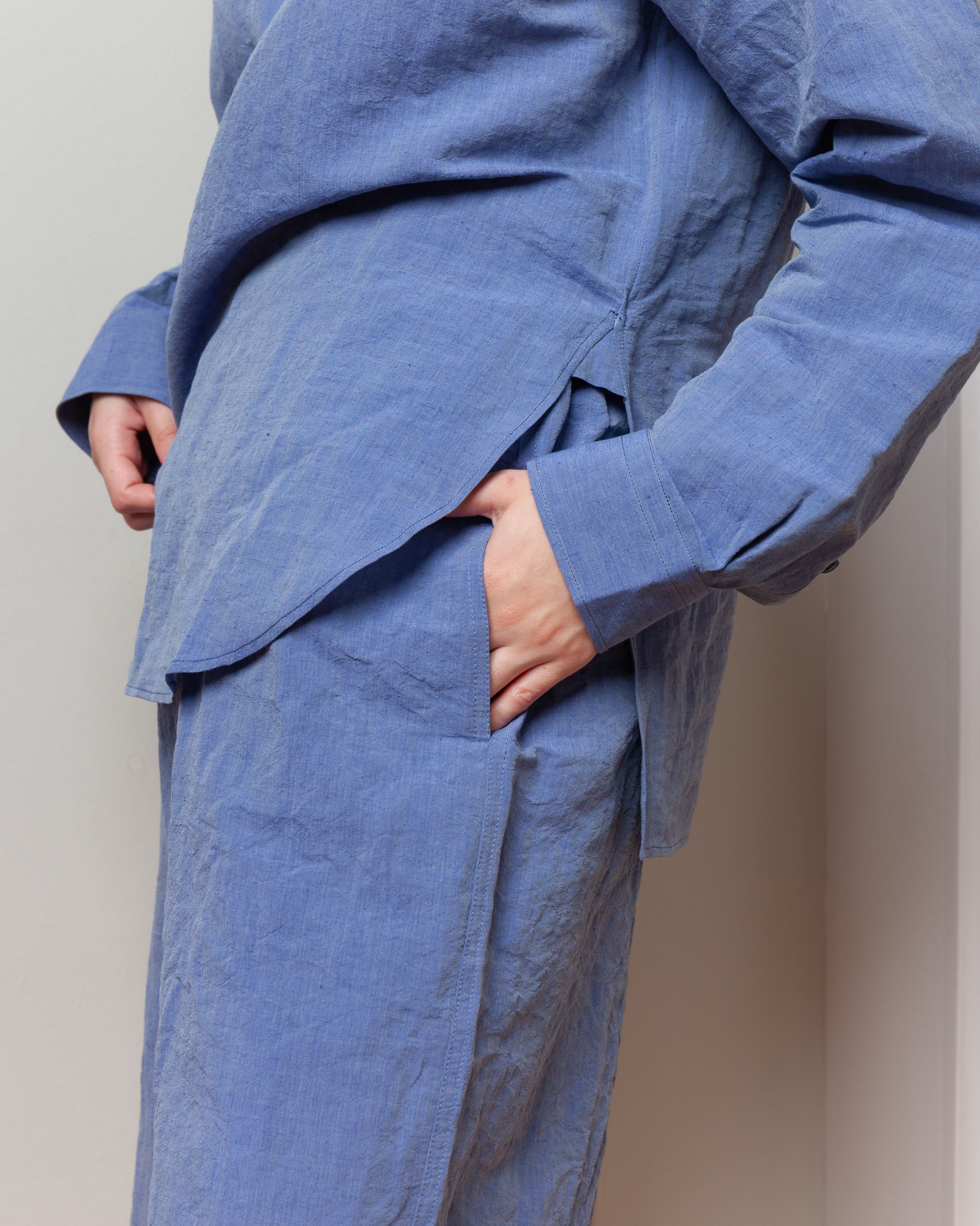 Elastic Waist Linen Blend Long Short - Blue
