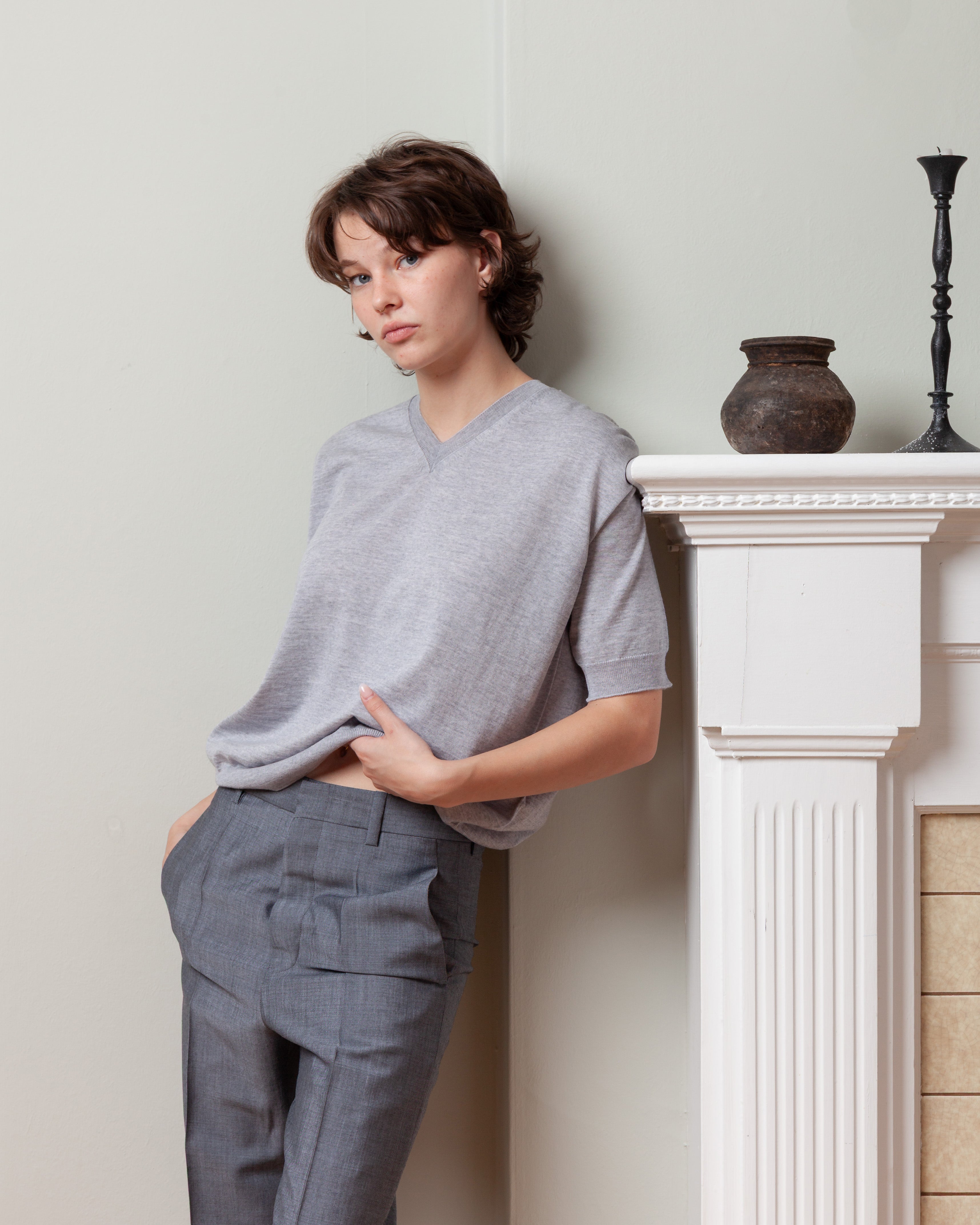 V Neck Pullover Short Sleeve Top - Silver