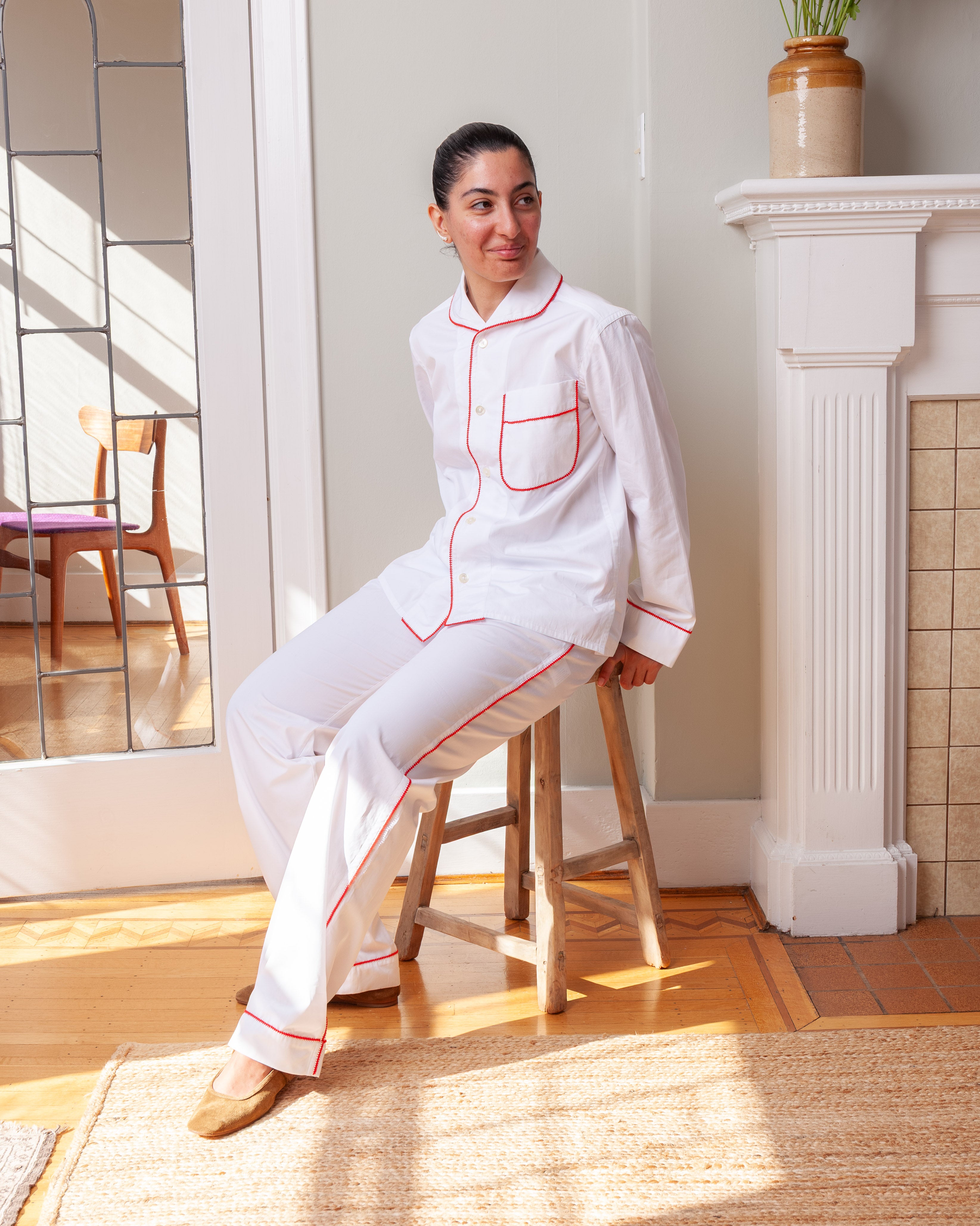 Stitch Embroidered Pyjama Shirt w/Pant 2Pcs - White Poplin/Red