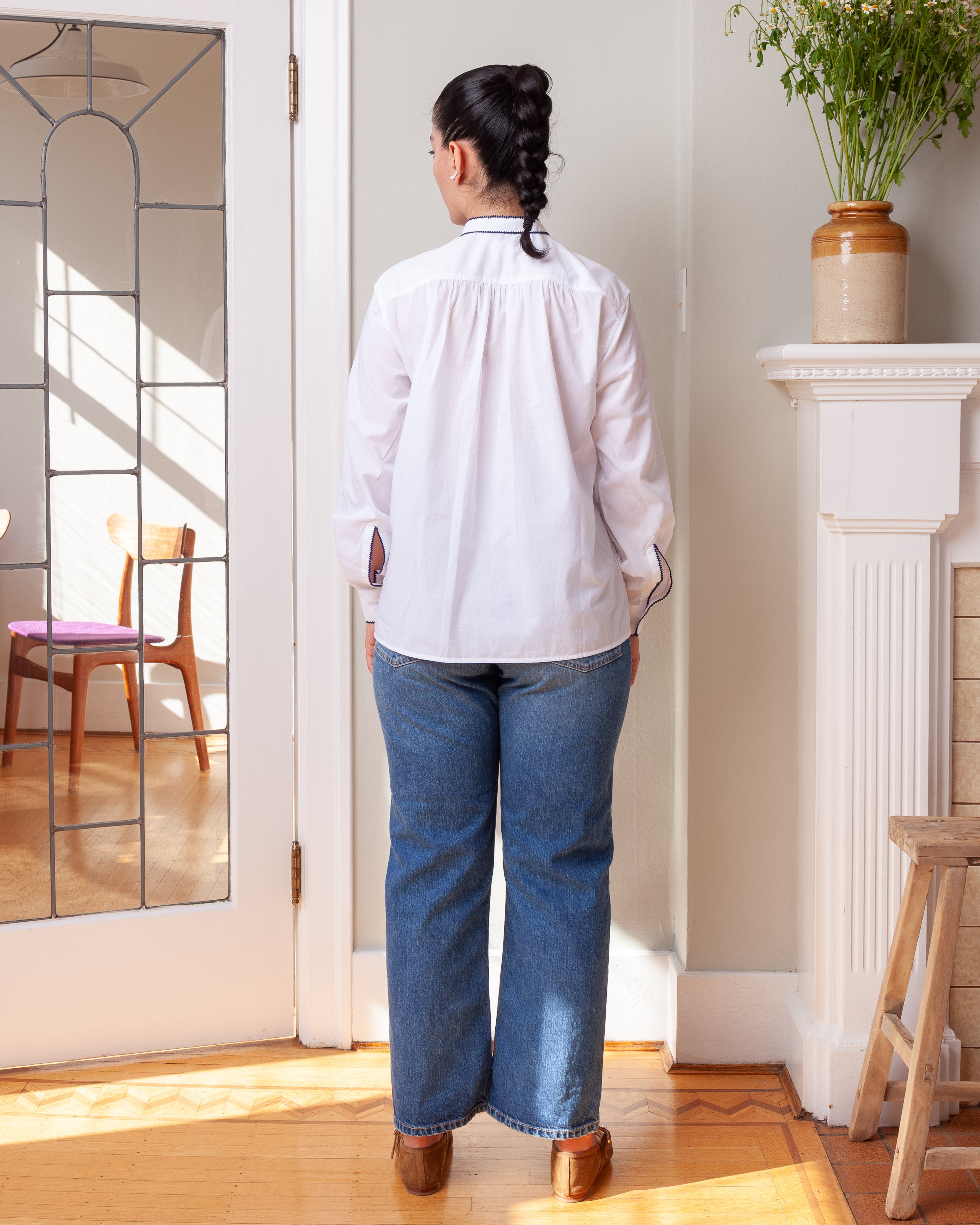 Stitch Embroidered Painter's Shirt - White Voile/Navy