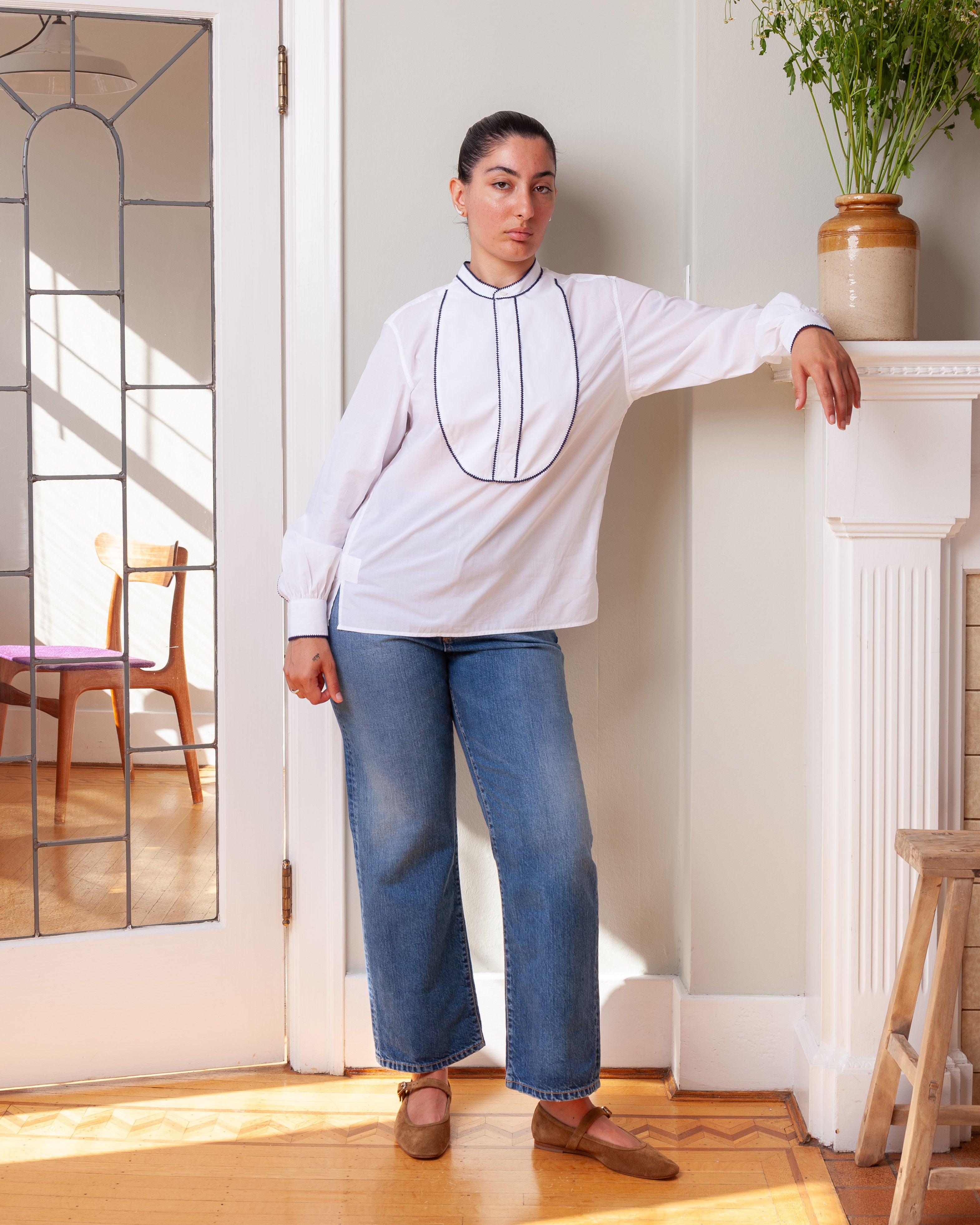 Stitch Embroidered Painter's Shirt - White Voile/Navy
