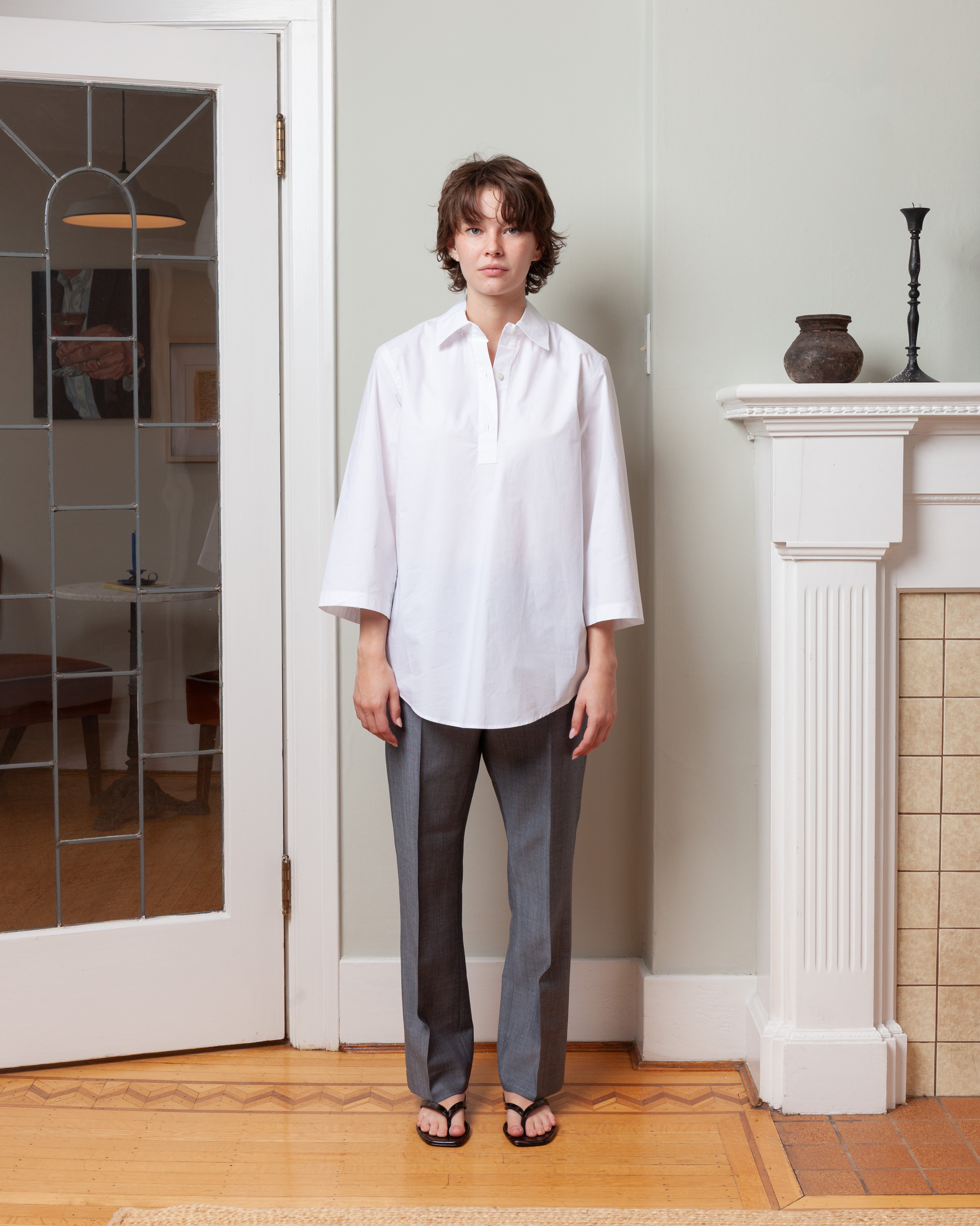 3/4 Sleeve Shirt With Polo Closure - White