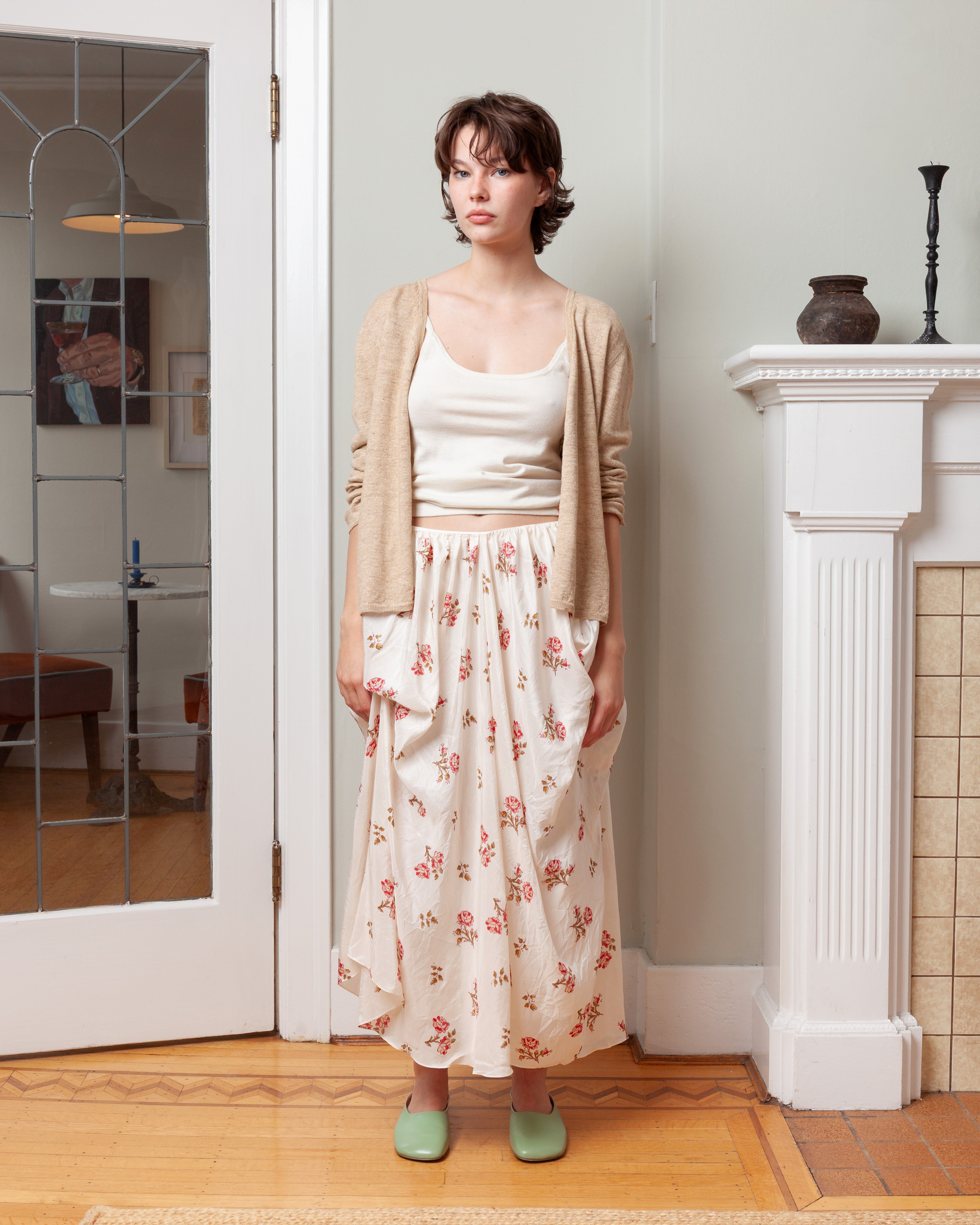 Erdem-Floral Print Silk Draped Midi Skirt - Rose Ditsy Ivory-Skirts-Boboli-Vancouver-Canada