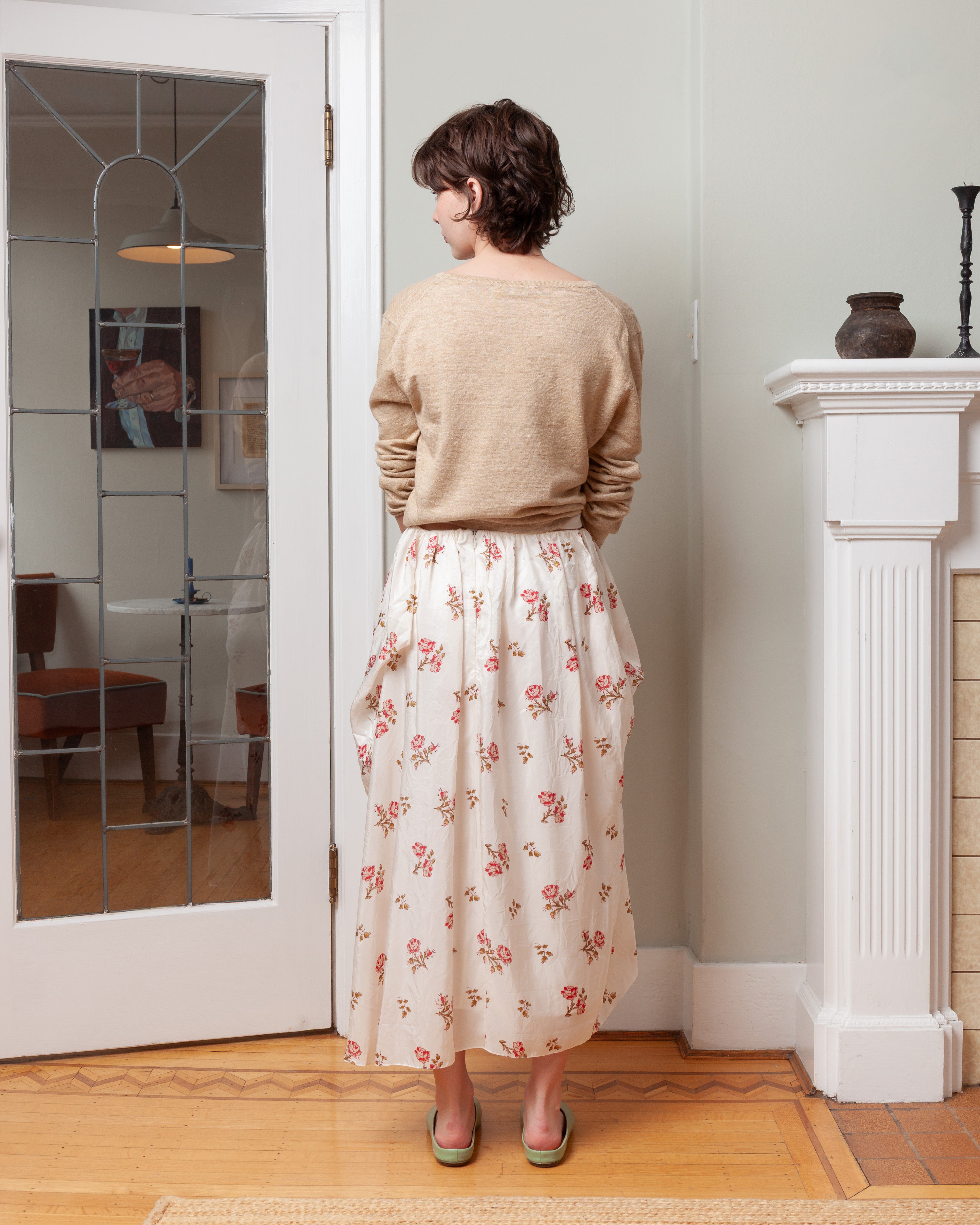 Erdem-Floral Print Silk Draped Midi Skirt - Rose Ditsy Ivory-Skirts-Boboli-Vancouver-Canada