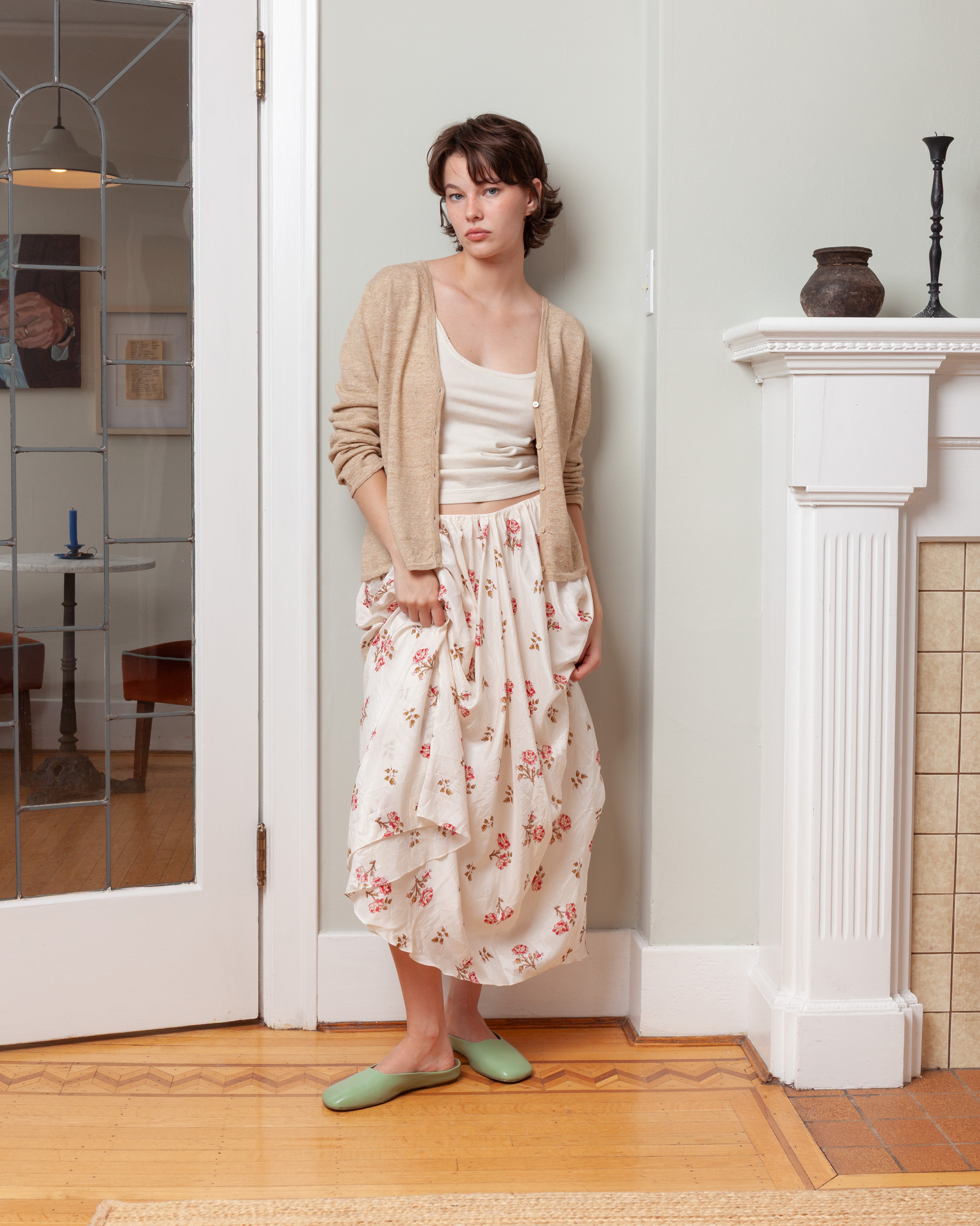Erdem-Floral Print Silk Draped Midi Skirt - Rose Ditsy Ivory-Skirts-Boboli-Vancouver-Canada