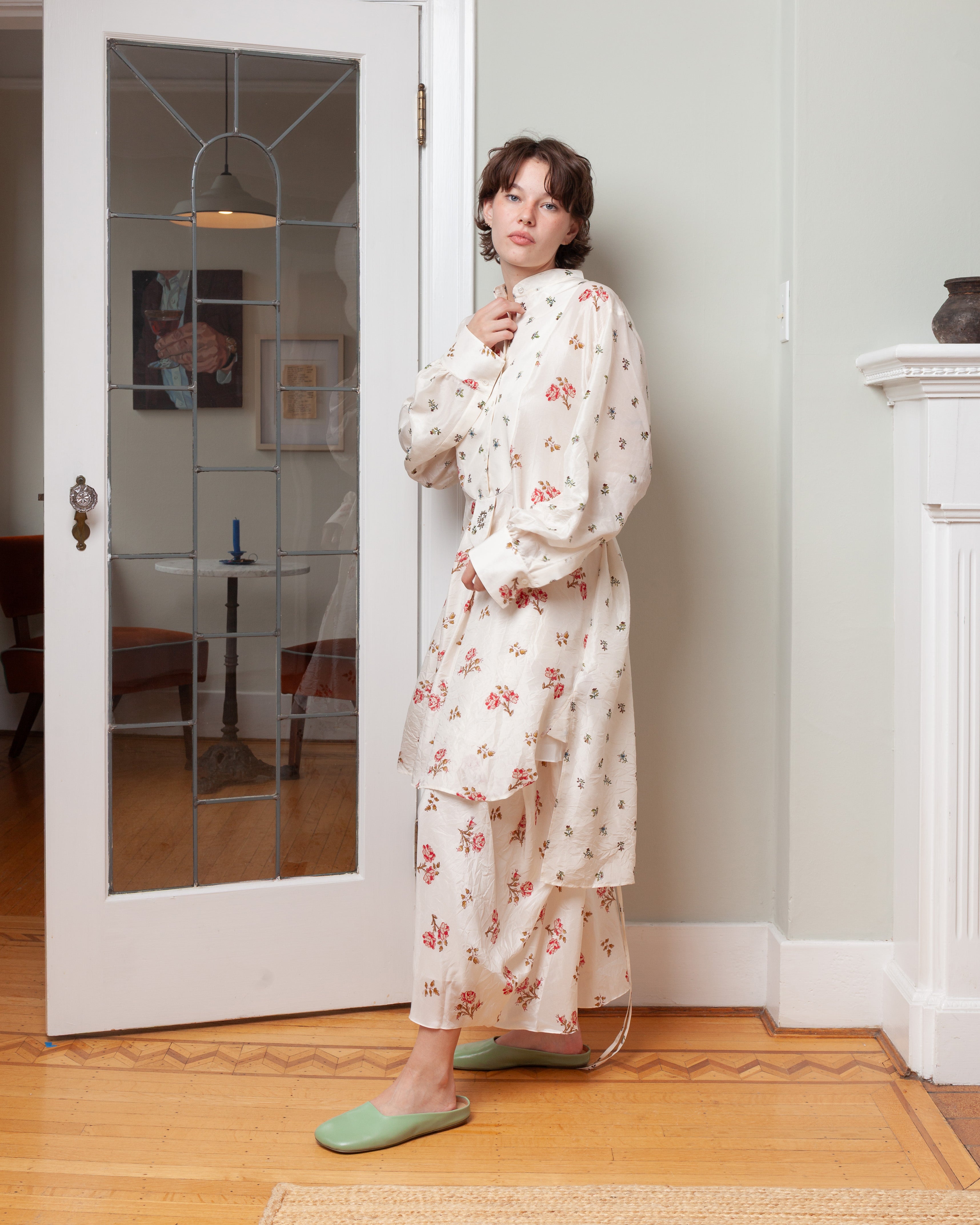 Erdem-Floral Print Silk Draped Midi Skirt - Rose Ditsy Ivory-Skirts-Boboli-Vancouver-Canada