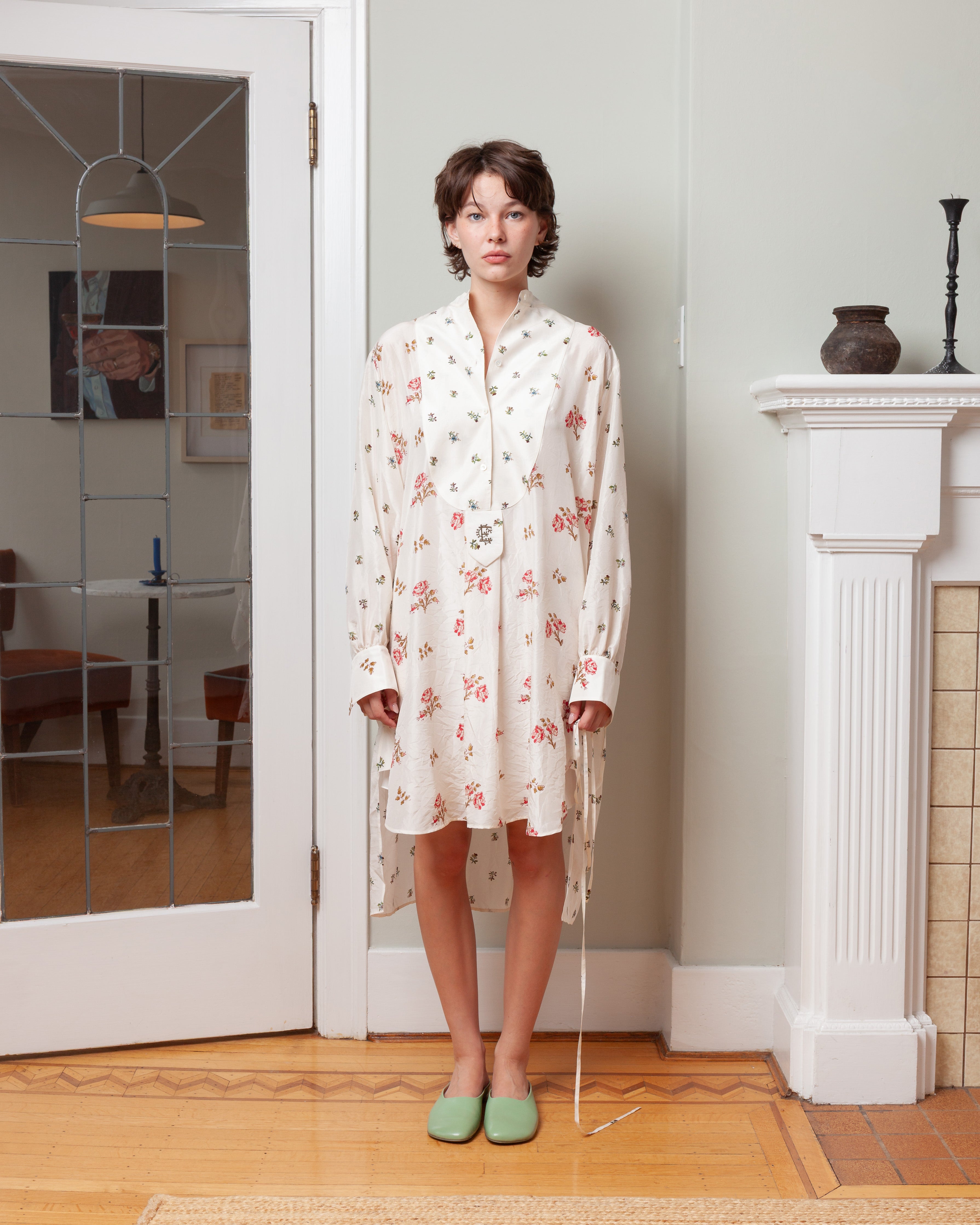 Erdem-Floral Print Silk Long Sleeve Mini Shirt Dress - Sprig Ditsy Ivory-Dresses-Boboli-Vancouver-Canada
