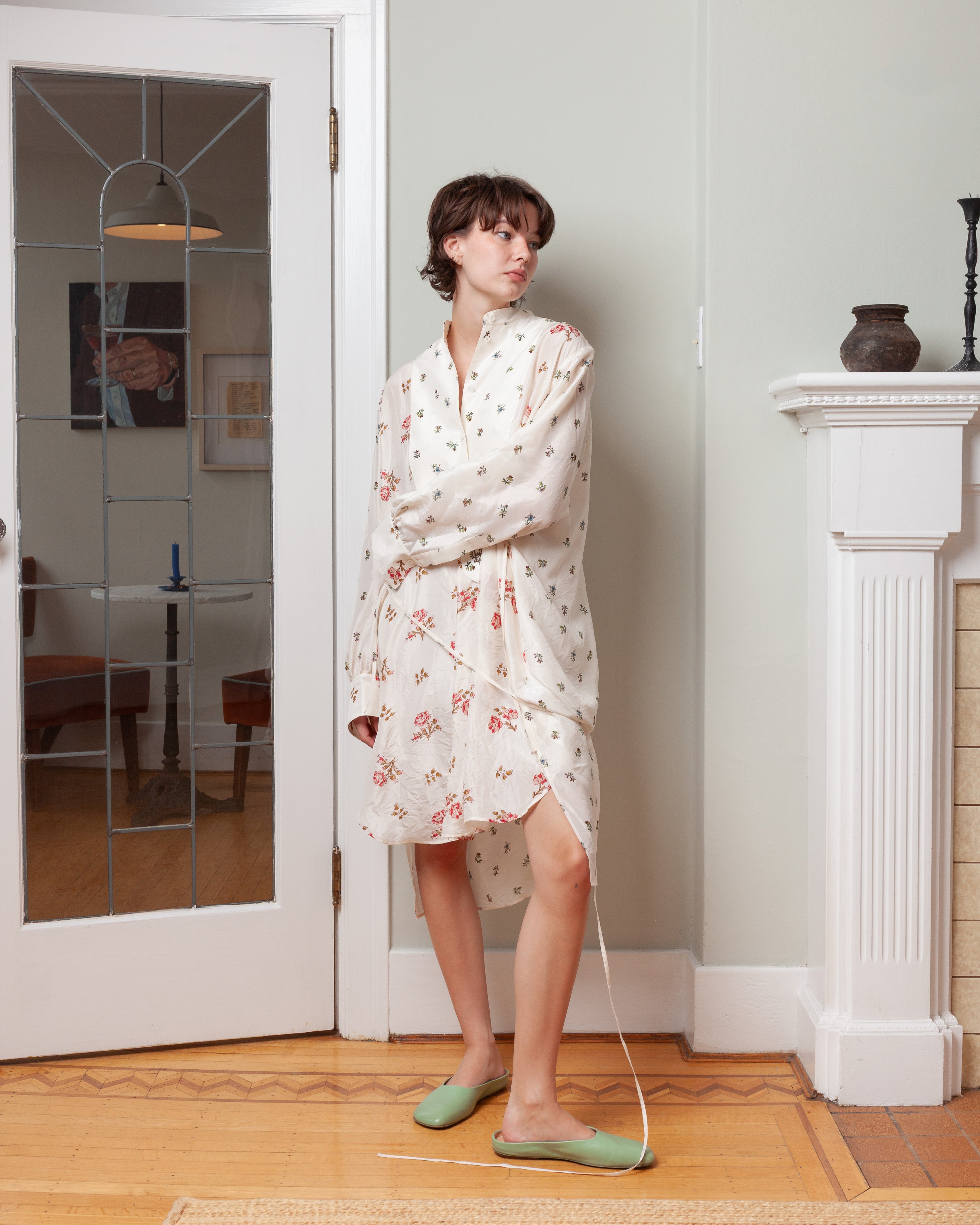 Erdem-Floral Print Silk Long Sleeve Mini Shirt Dress - Sprig Ditsy Ivory-Dresses-Boboli-Vancouver-Canada