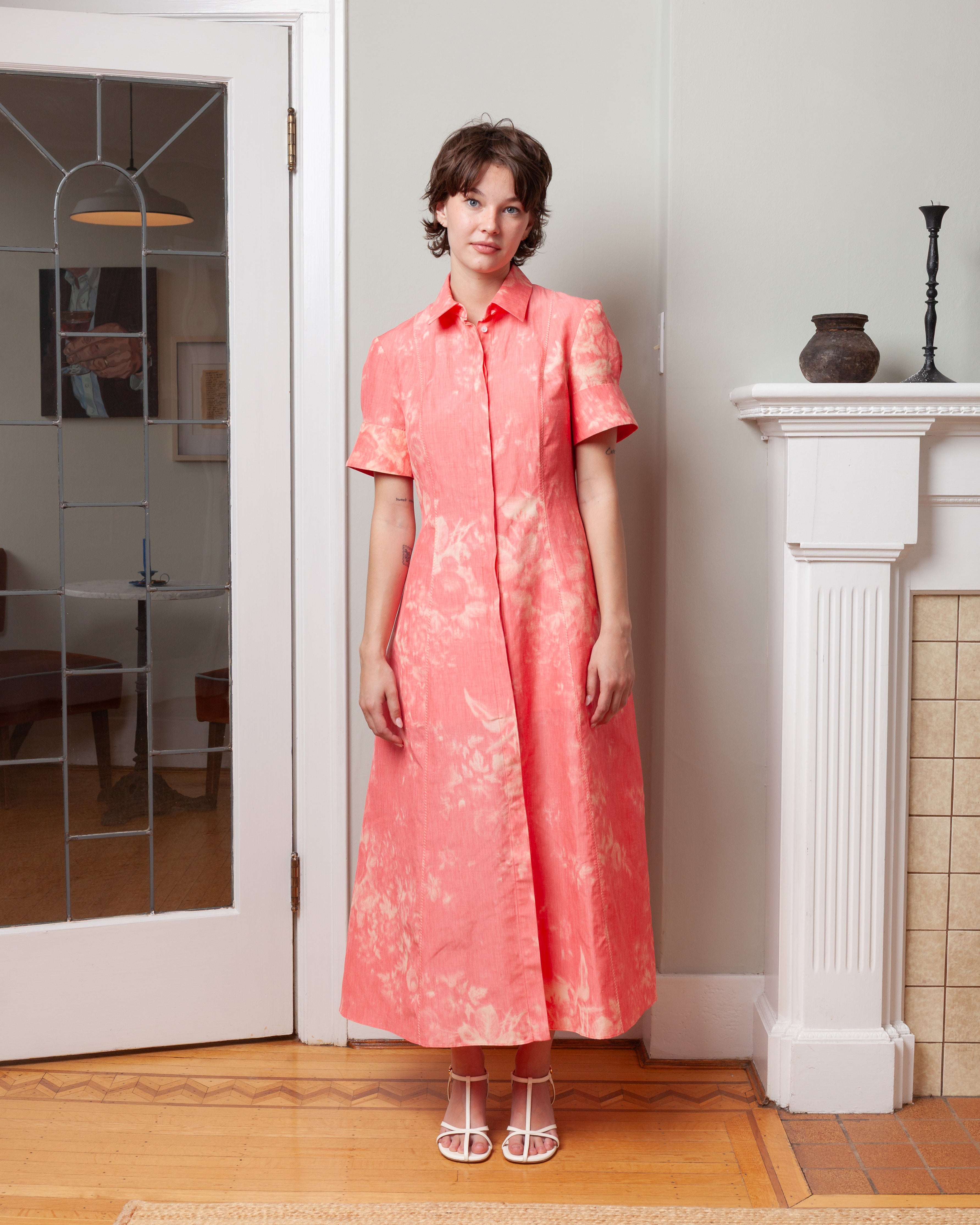 Erdem-Floral Print Linen Chine Midi Shirt Dress - Coral-Dresses-Boboli-Vancouver-Canada
