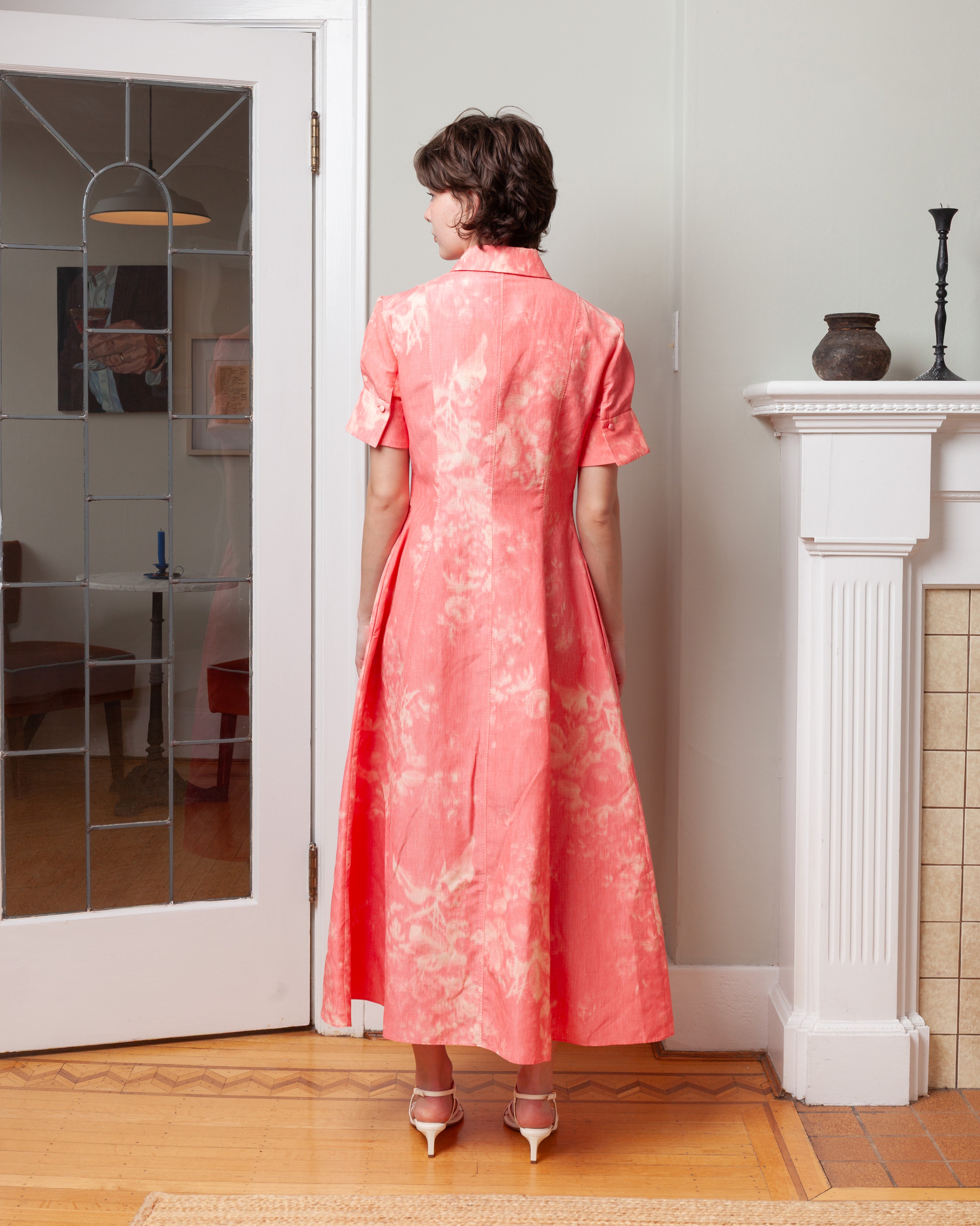 Erdem-Floral Print Linen Chine Midi Shirt Dress - Coral-Dresses-Boboli-Vancouver-Canada