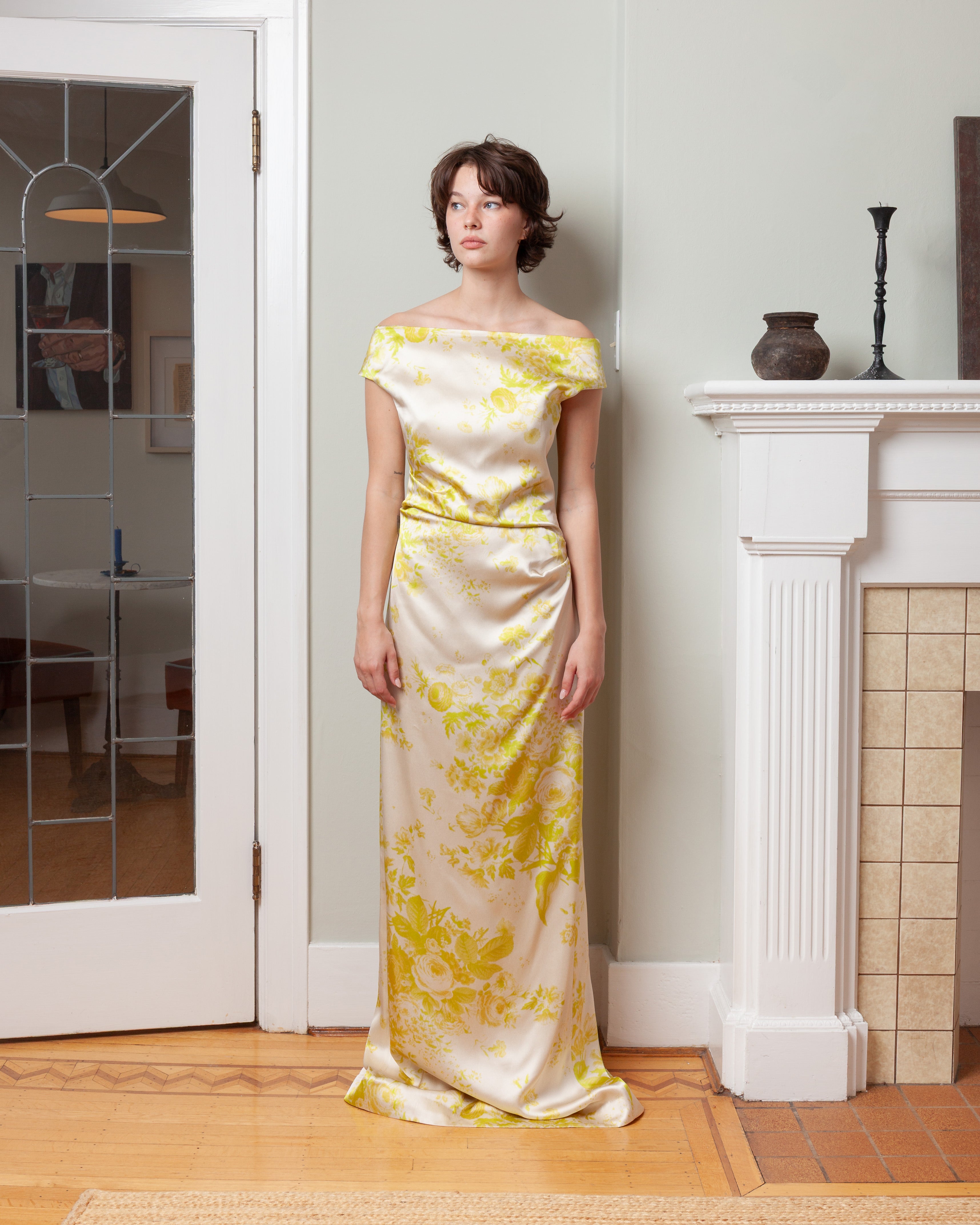 Erdem-Floral Print Duchess Slashed Neckline Gown - Chartreuse-Dresses-Boboli-Vancouver-Canada