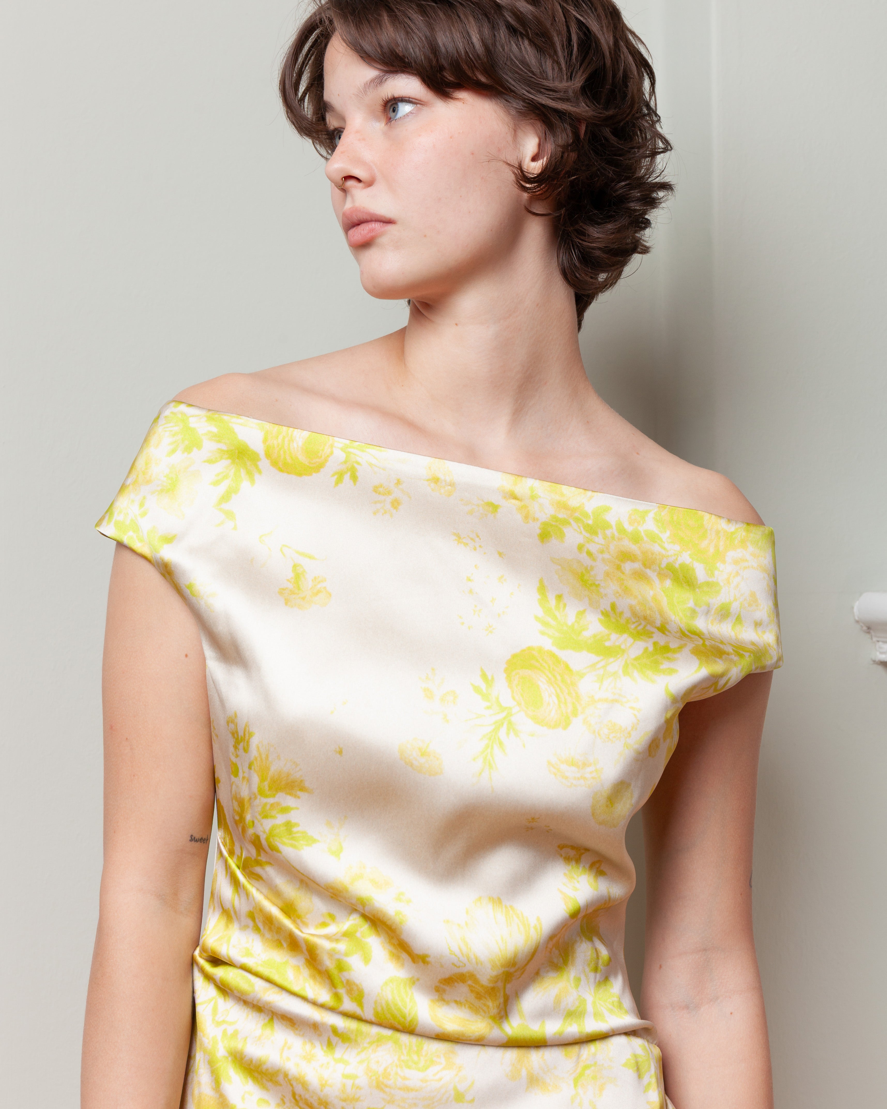 Erdem-Floral Print Duchess Slashed Neckline Gown - Chartreuse-Dresses-Boboli-Vancouver-Canada