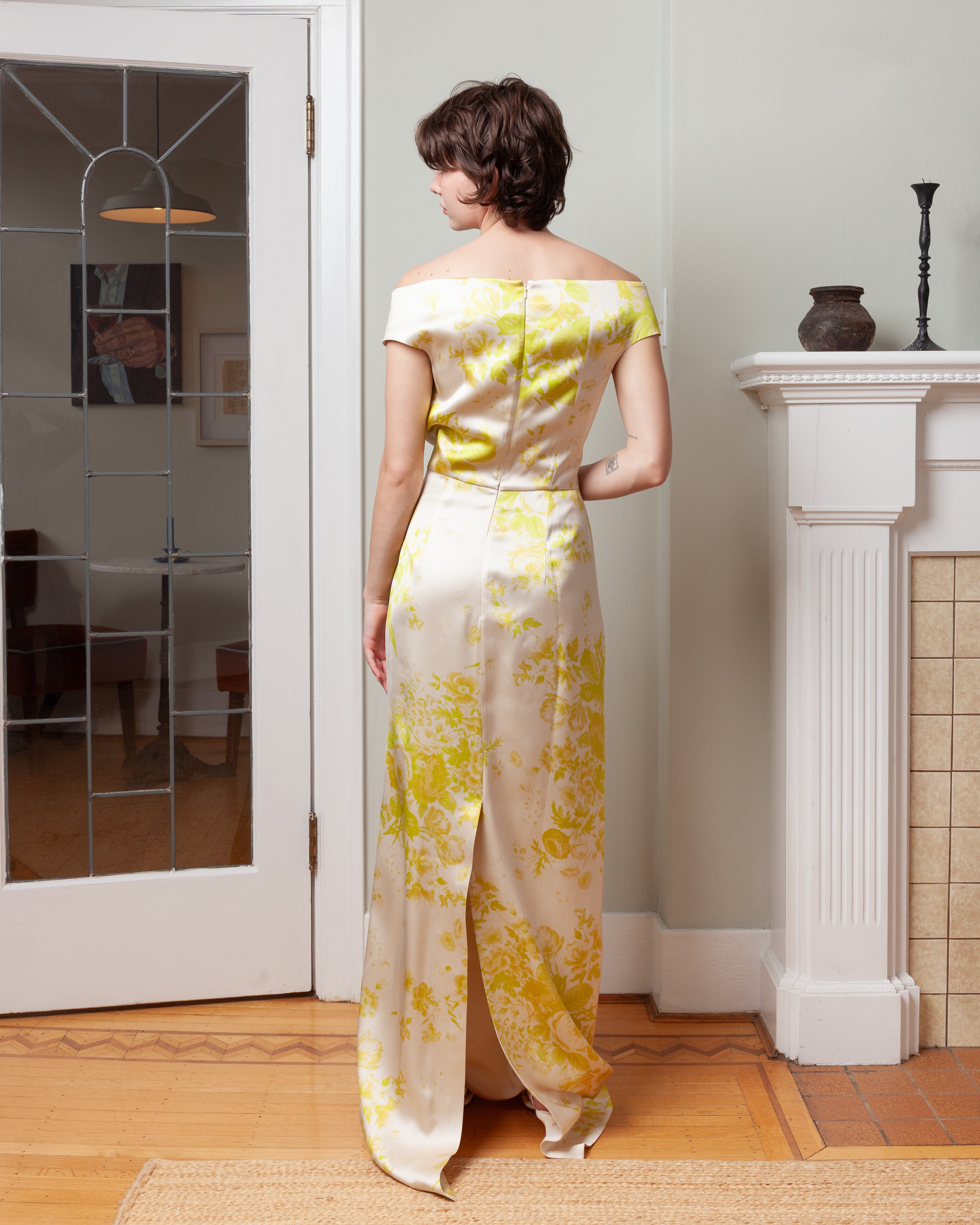 Erdem-Floral Print Duchess Slashed Neckline Gown - Chartreuse-Dresses-Boboli-Vancouver-Canada