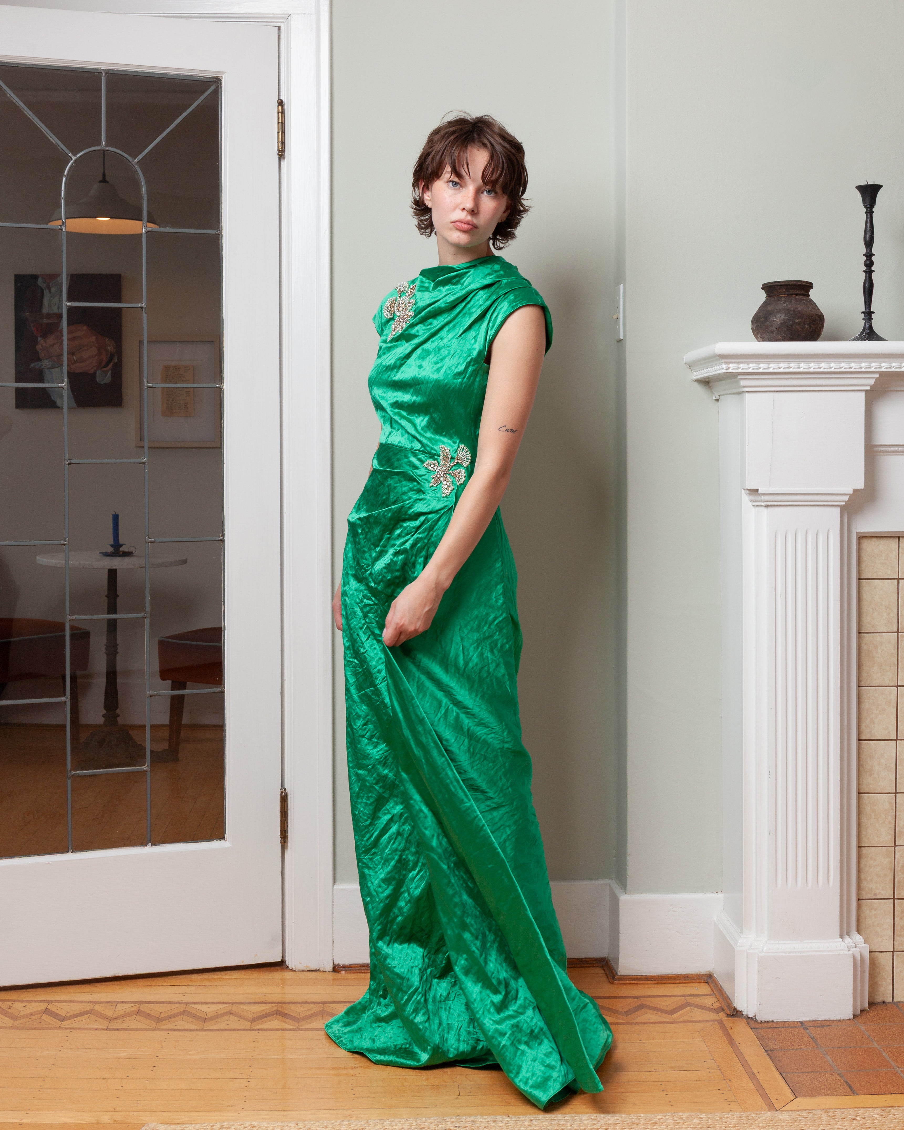 Erdem | Embellished Textured Satin Draped Gown