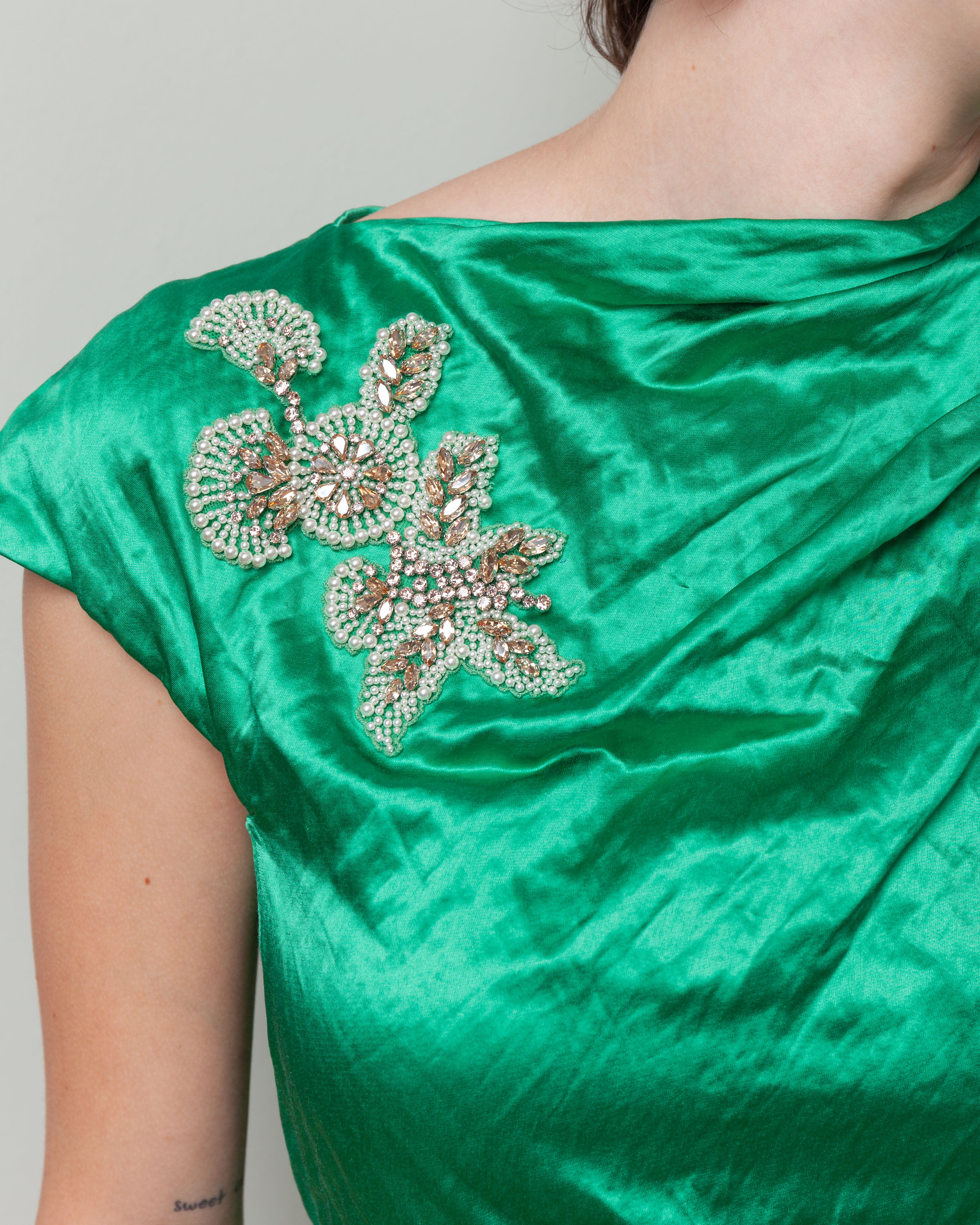 Erdem-Embellished Textured Satin Draped Gown - Sea Green-Dresses-Boboli-Vancouver-Canada