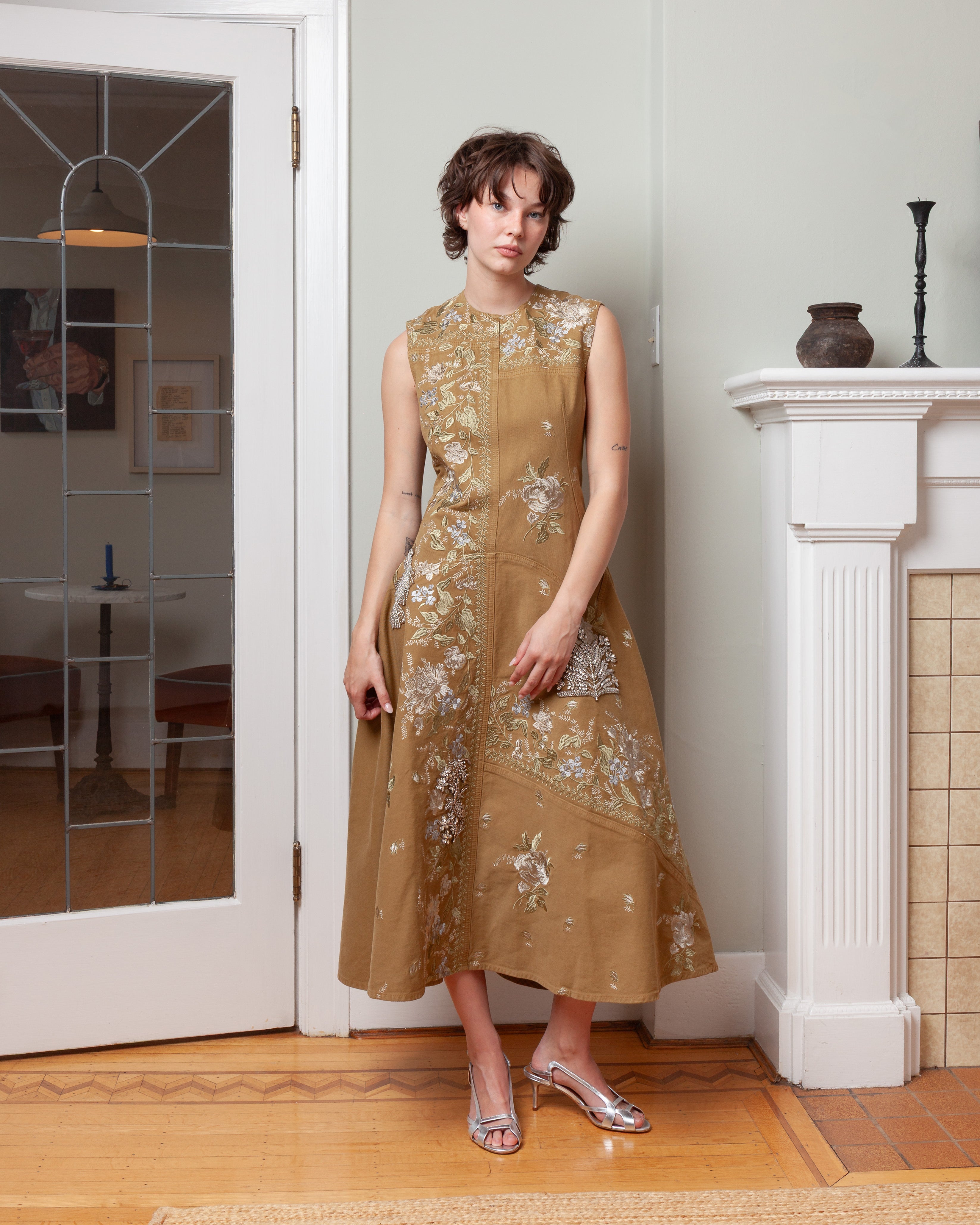 Erdem-Embroidered Denim Midi Hourglass Dress - Cumin-Dresses-Boboli-Vancouver-Canada