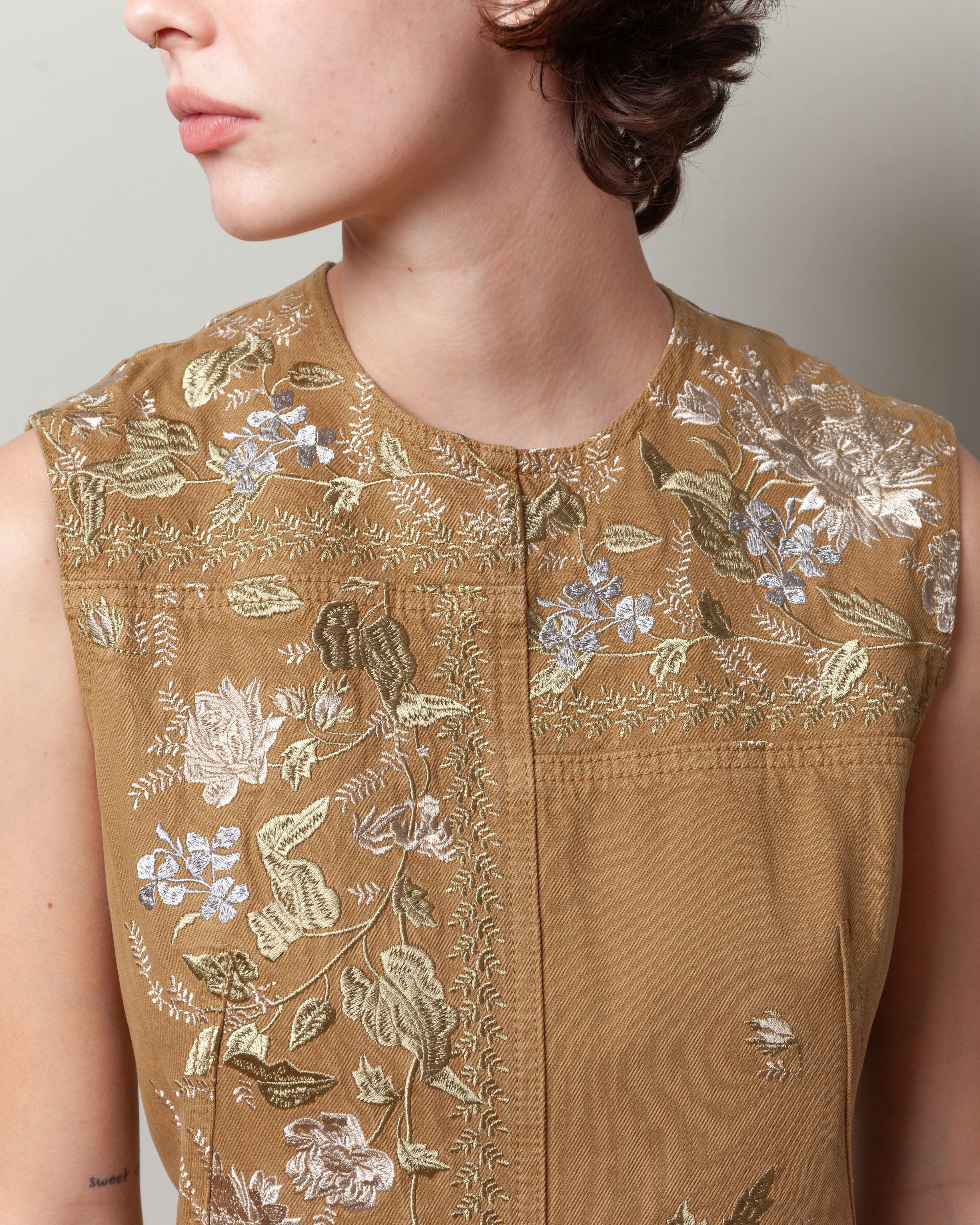 Erdem-Embroidered Denim Midi Hourglass Dress - Cumin-Dresses-Boboli-Vancouver-Canada