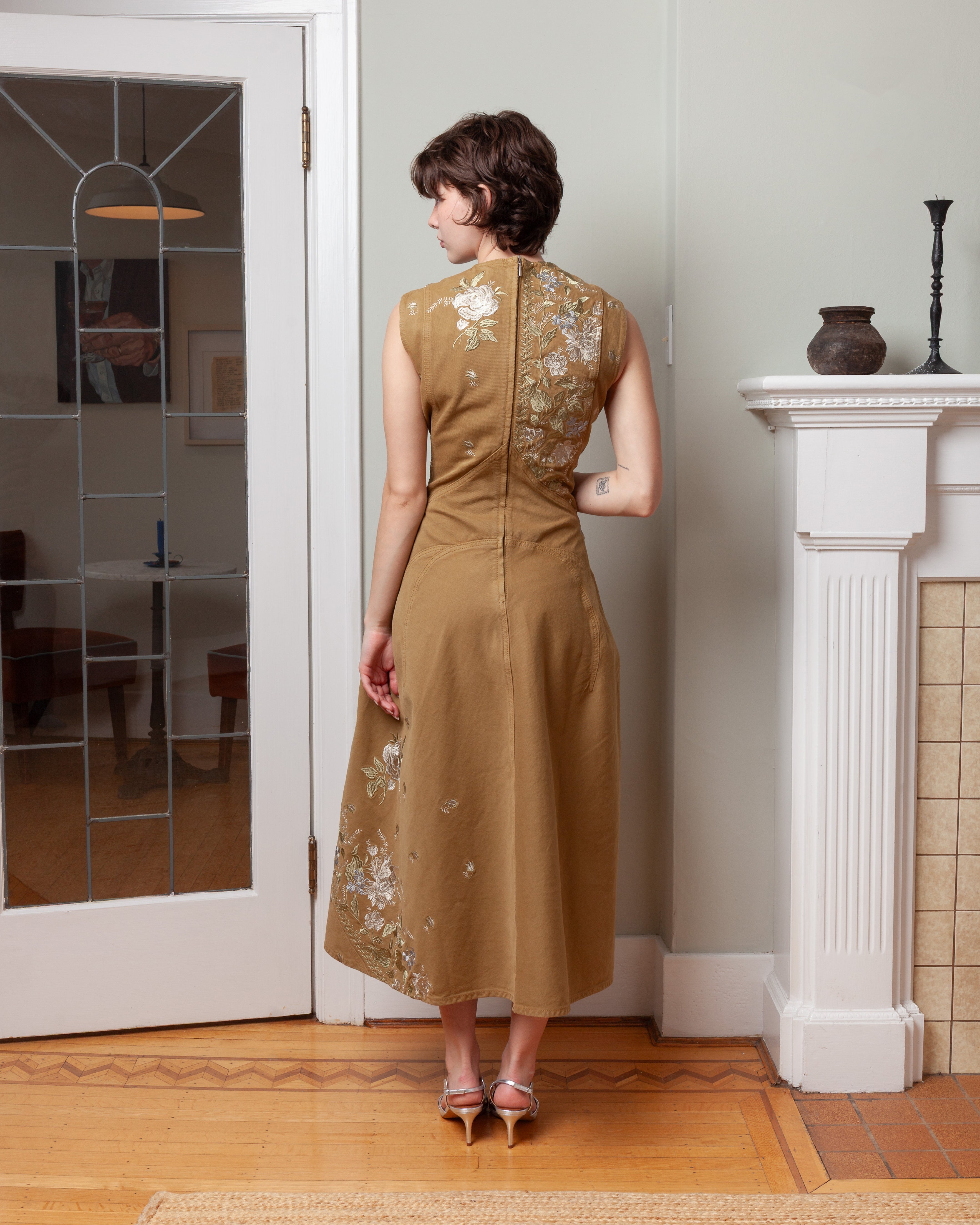 Erdem-Embroidered Denim Midi Hourglass Dress - Cumin-Dresses-Boboli-Vancouver-Canada