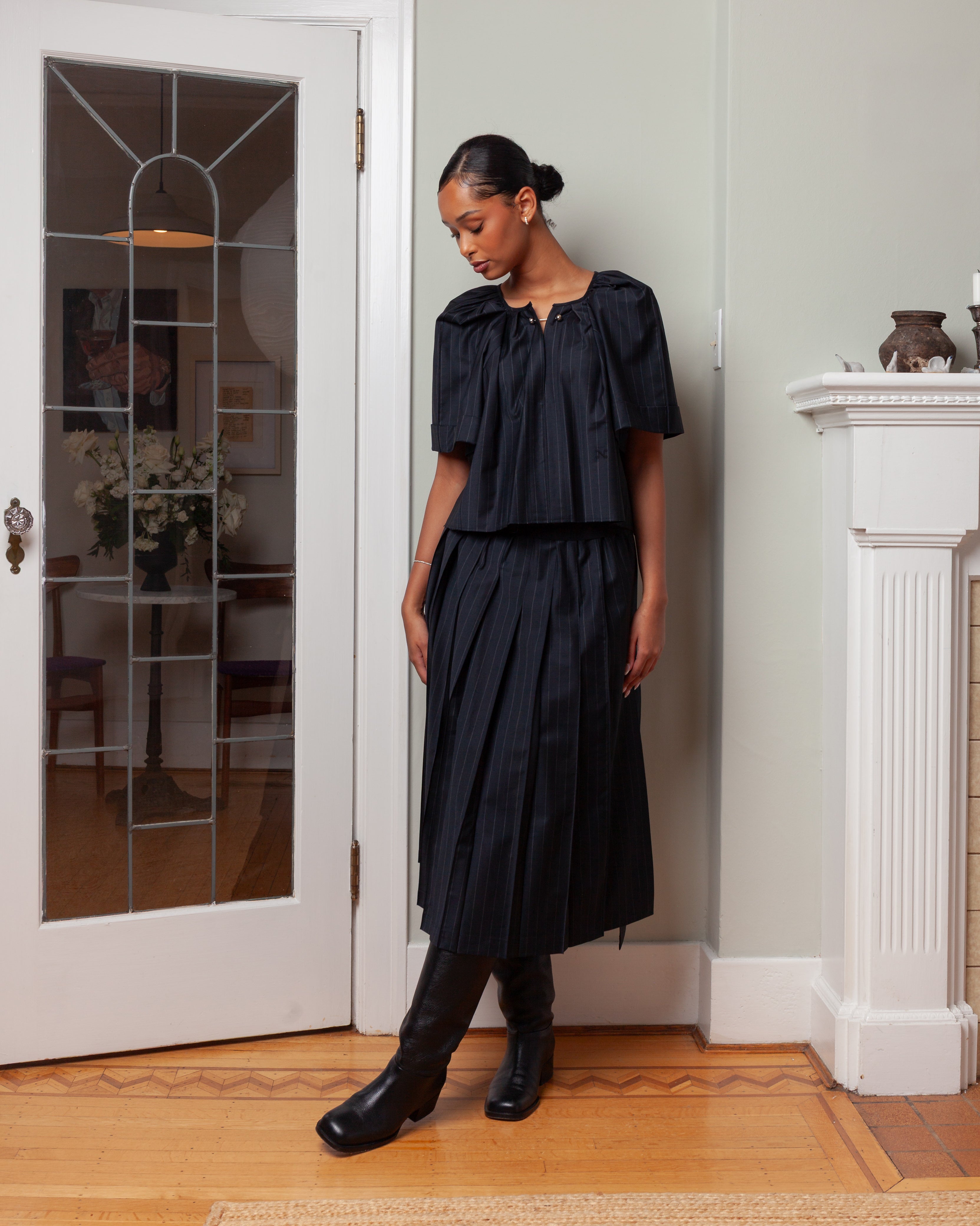 Nackiye-Grand Bazaar Short Sleeve Top - Charcoal Pinstripe-Tops-Boboli-Vancouver-Canada