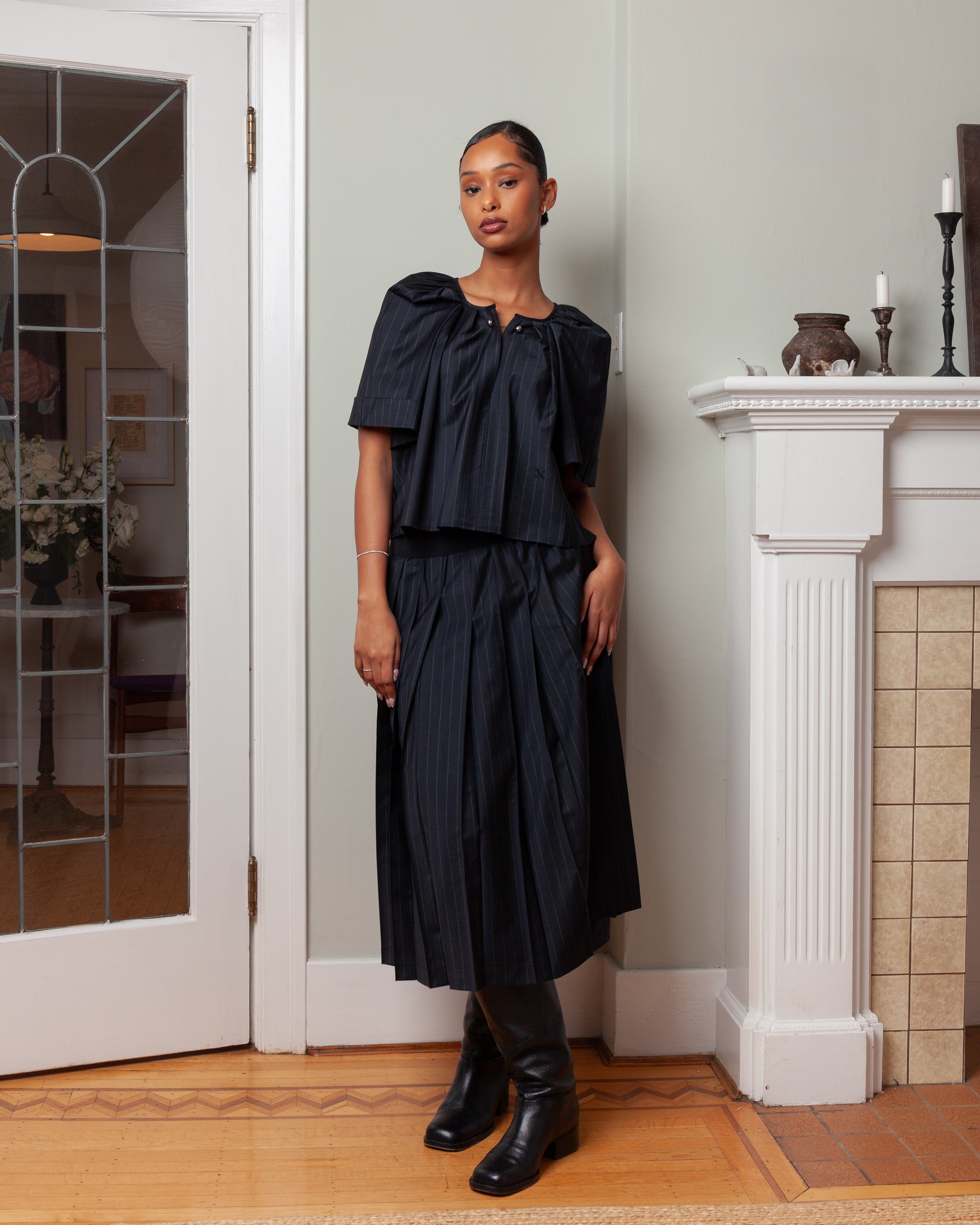 Nackiye-Joan Skirt - Charcoal Pinstripe-Skirts-Boboli-Vancouver-Canada